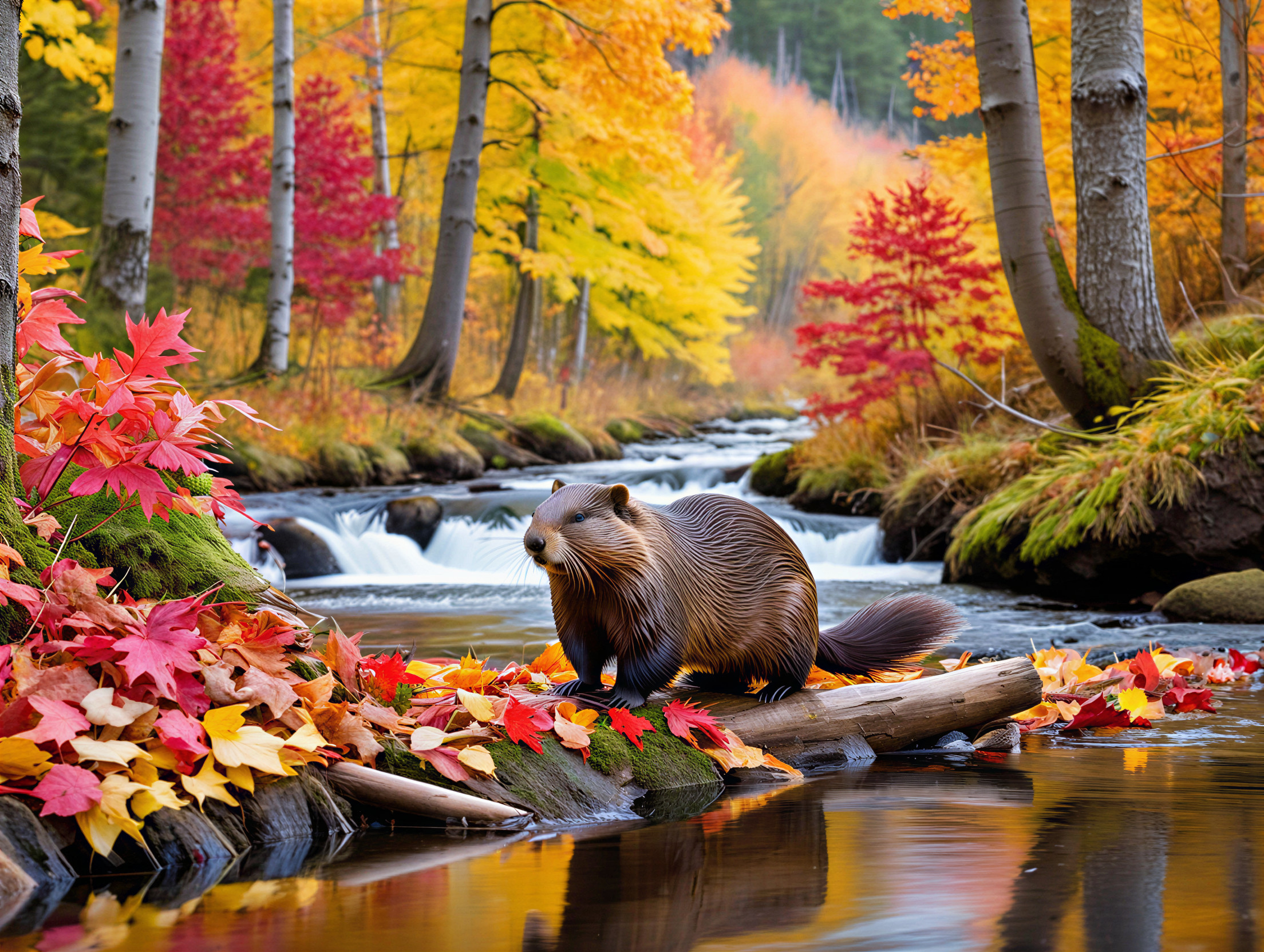 Beaver on Log in Autumn Landscape with Colorful Foliage