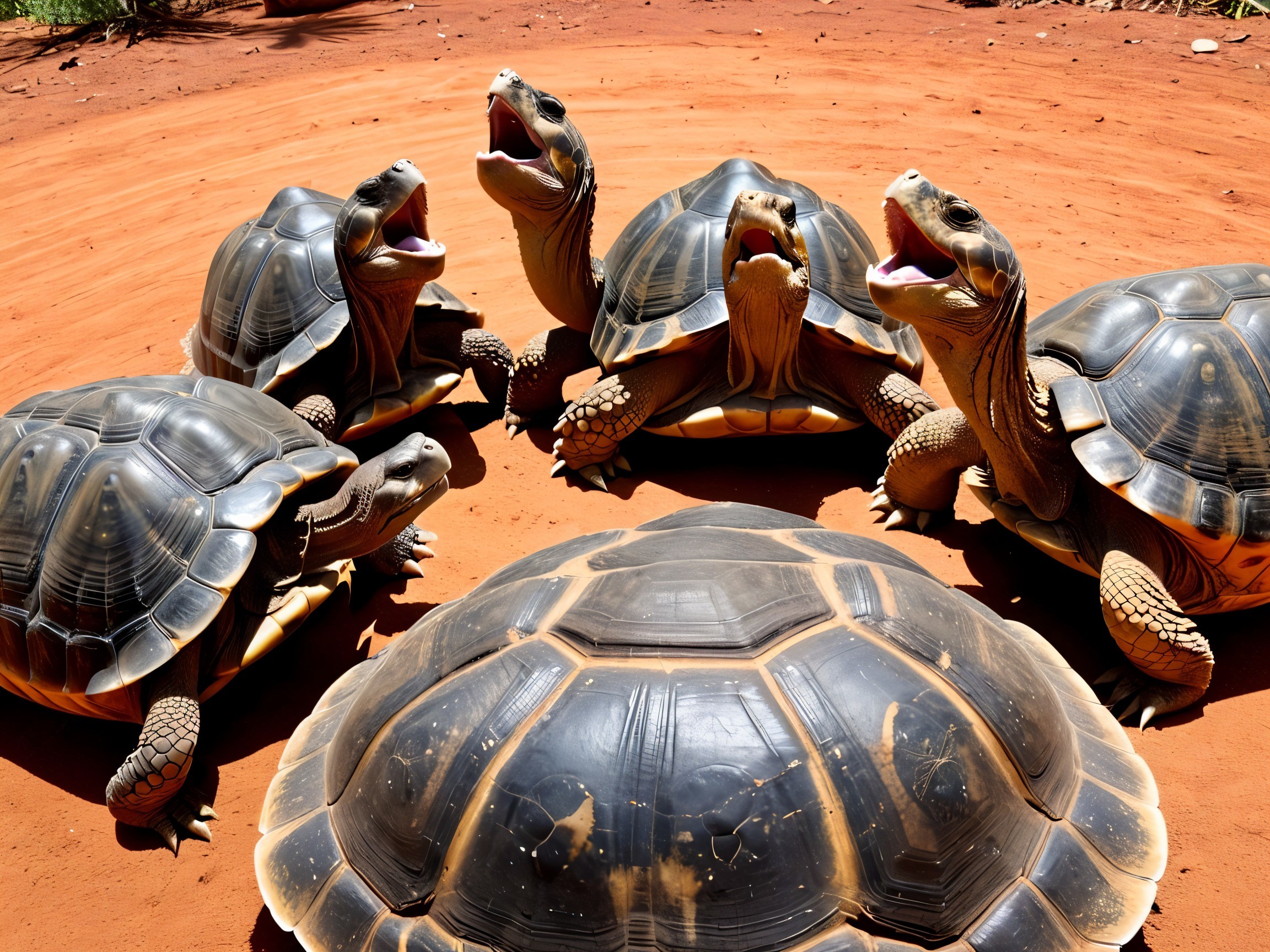 Group of Five Turtles in Circular Formation on Surface