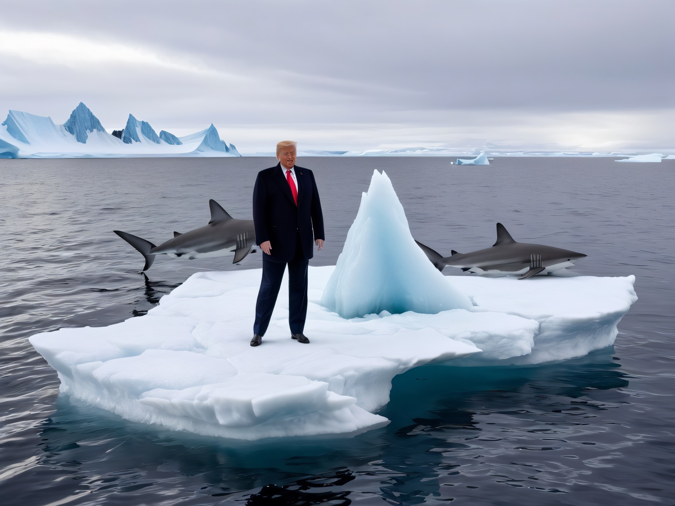 Surreal Scene of a Man on an Iceberg with Sharks