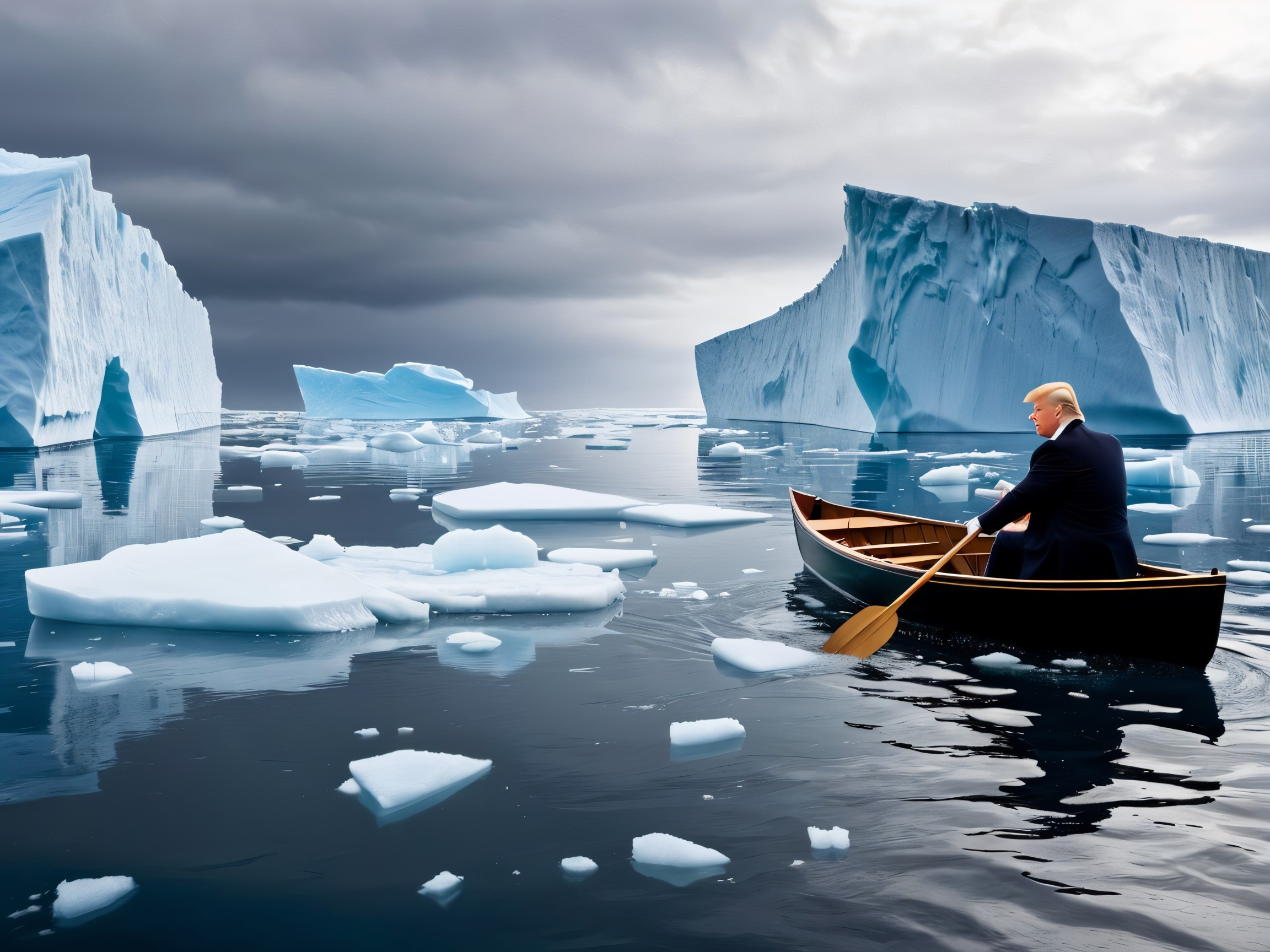 Man in formal attire rowing a boat among icebergs