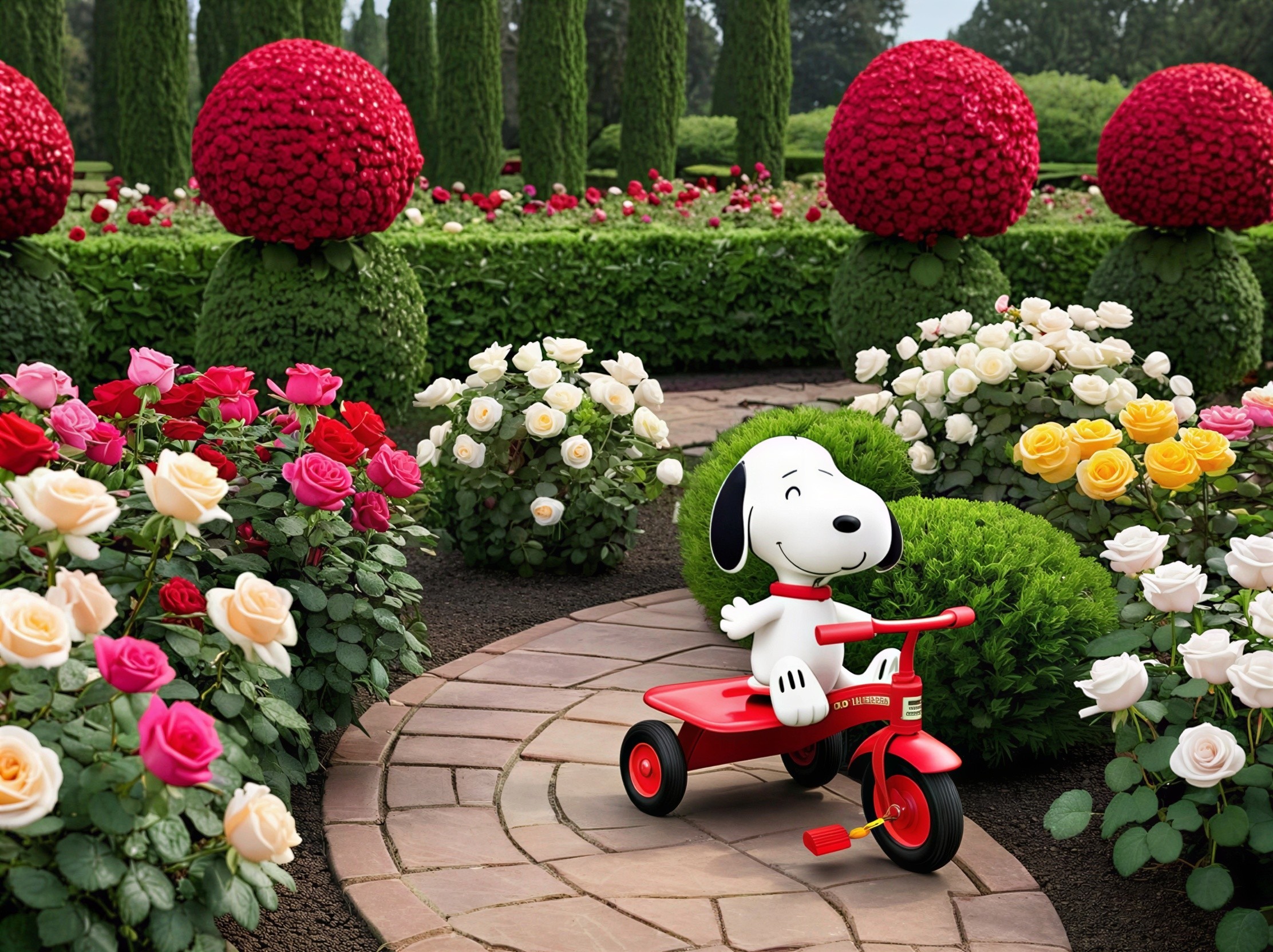 Cartoon Dog on Tricycle in Colorful Garden Scene