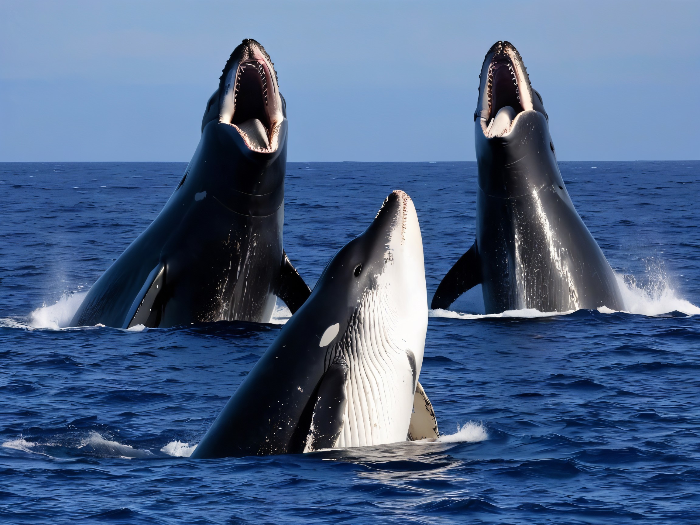 Orcas Breaching in Shimmering Ocean Waters