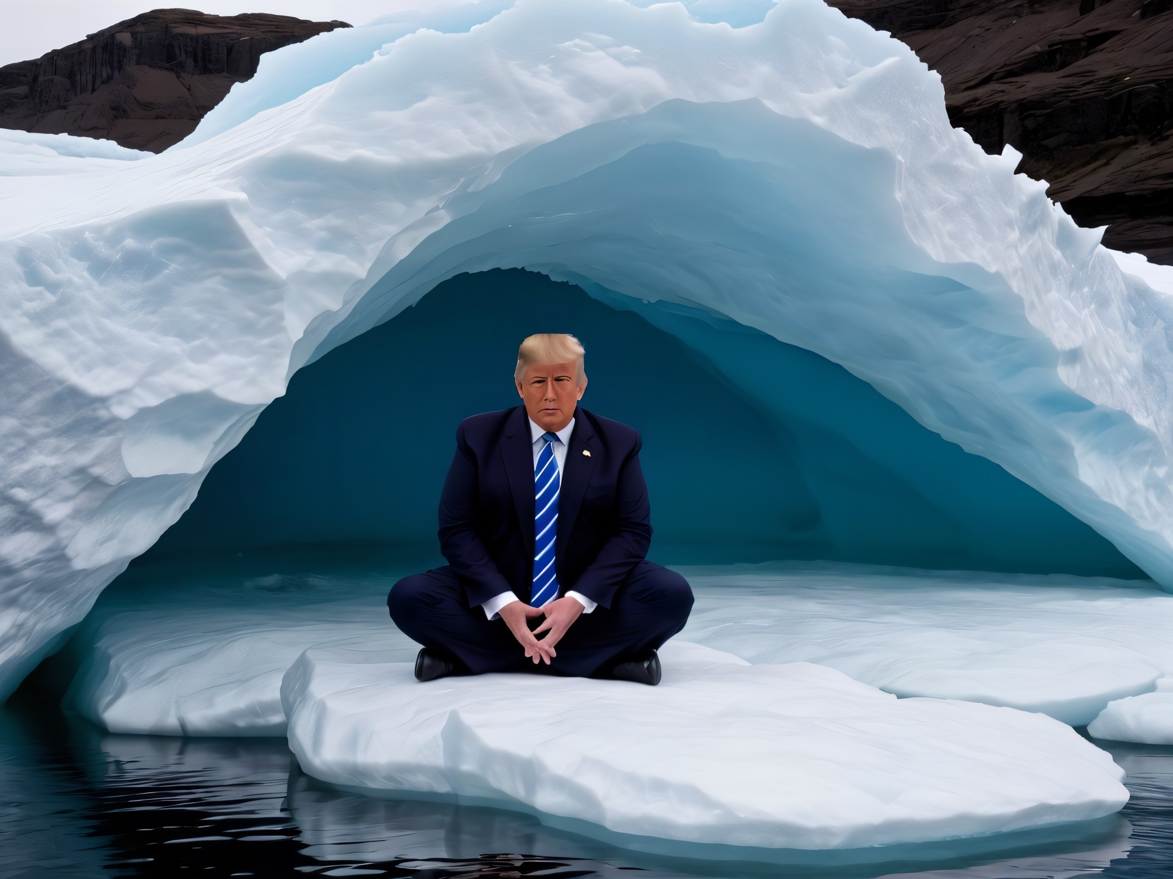 Man in Suit on Iceberg in Surreal Landscape