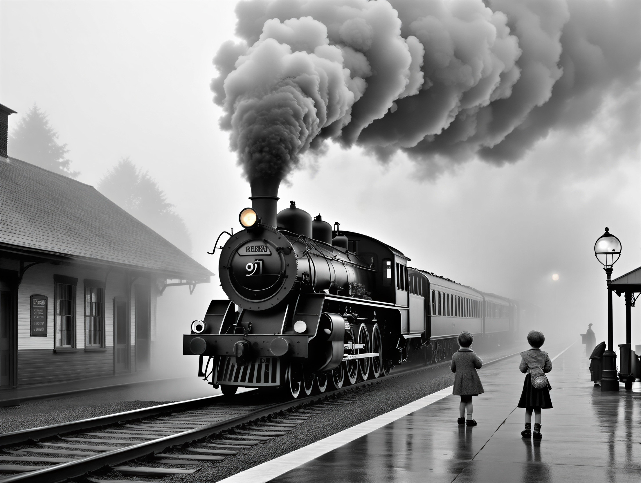 Vintage steam locomotive at misty train station
