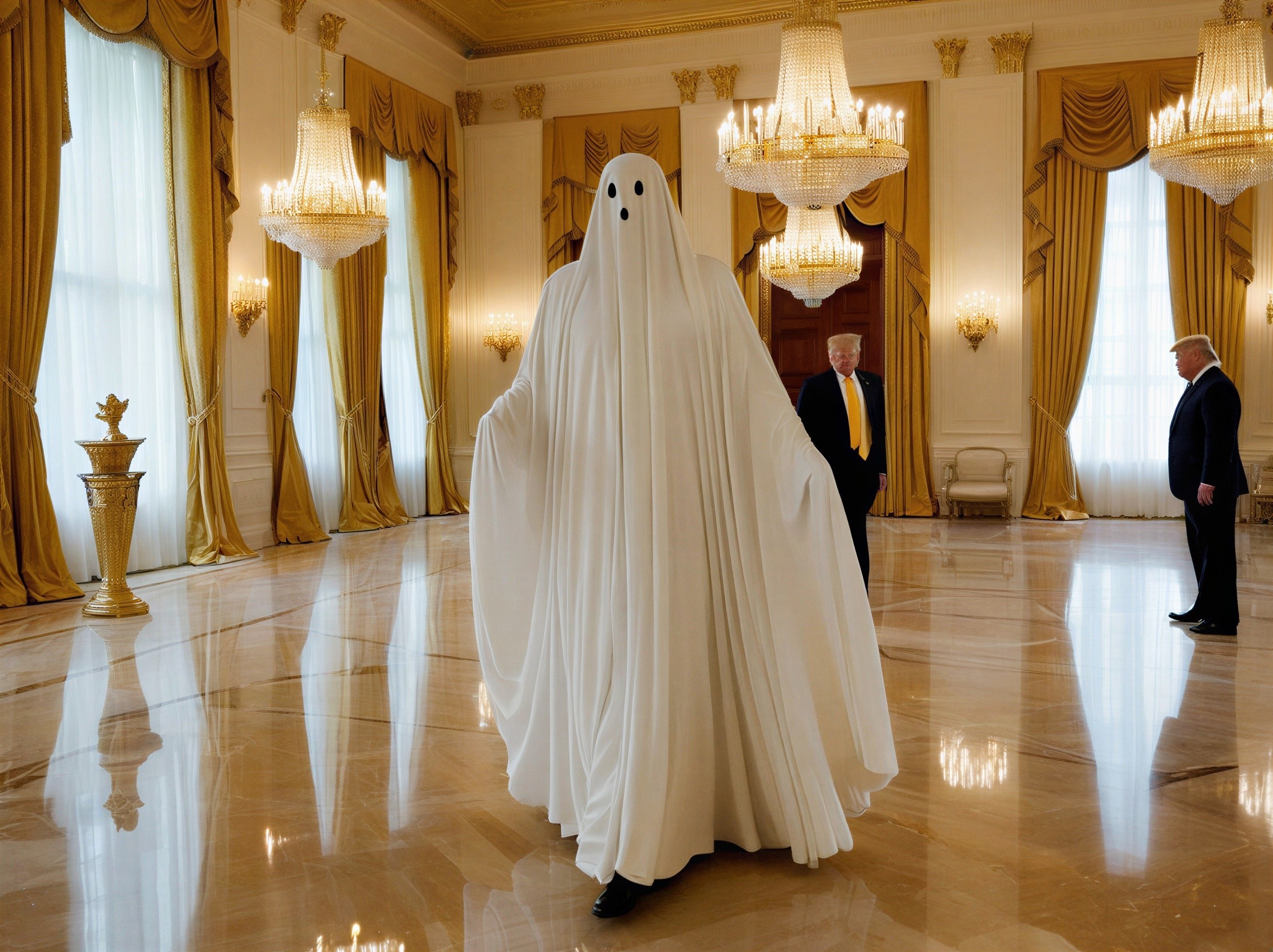 Opulent Room with Ghostly Figure and Observers