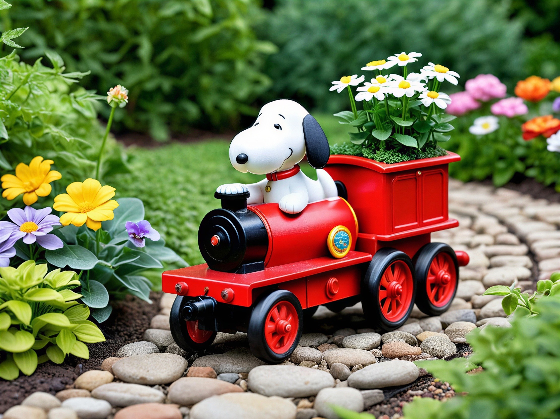 Cheerful toy train with cartoon dog and vibrant flowers
