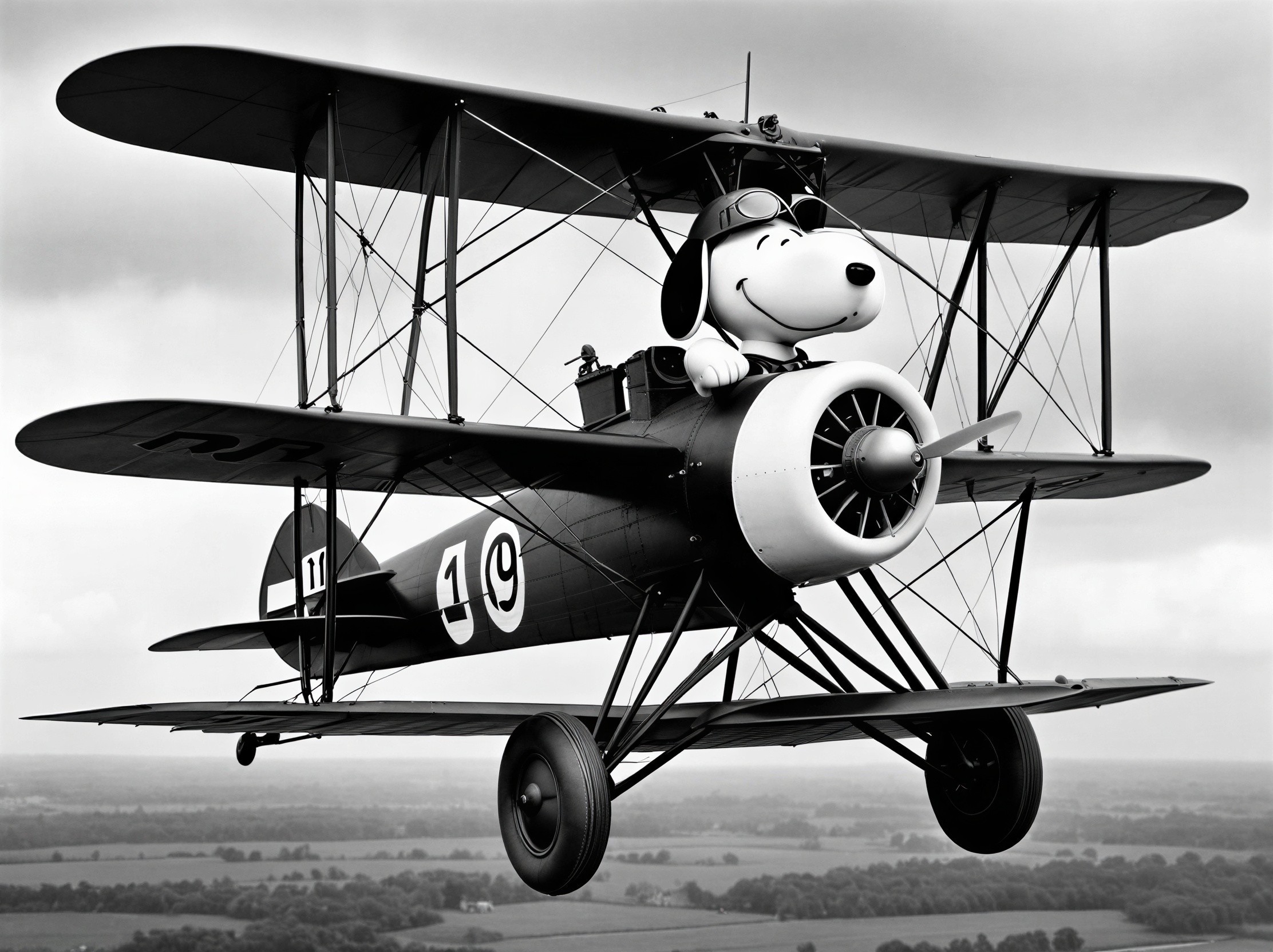 Whimsical Illustration of a Dog in a Biplane