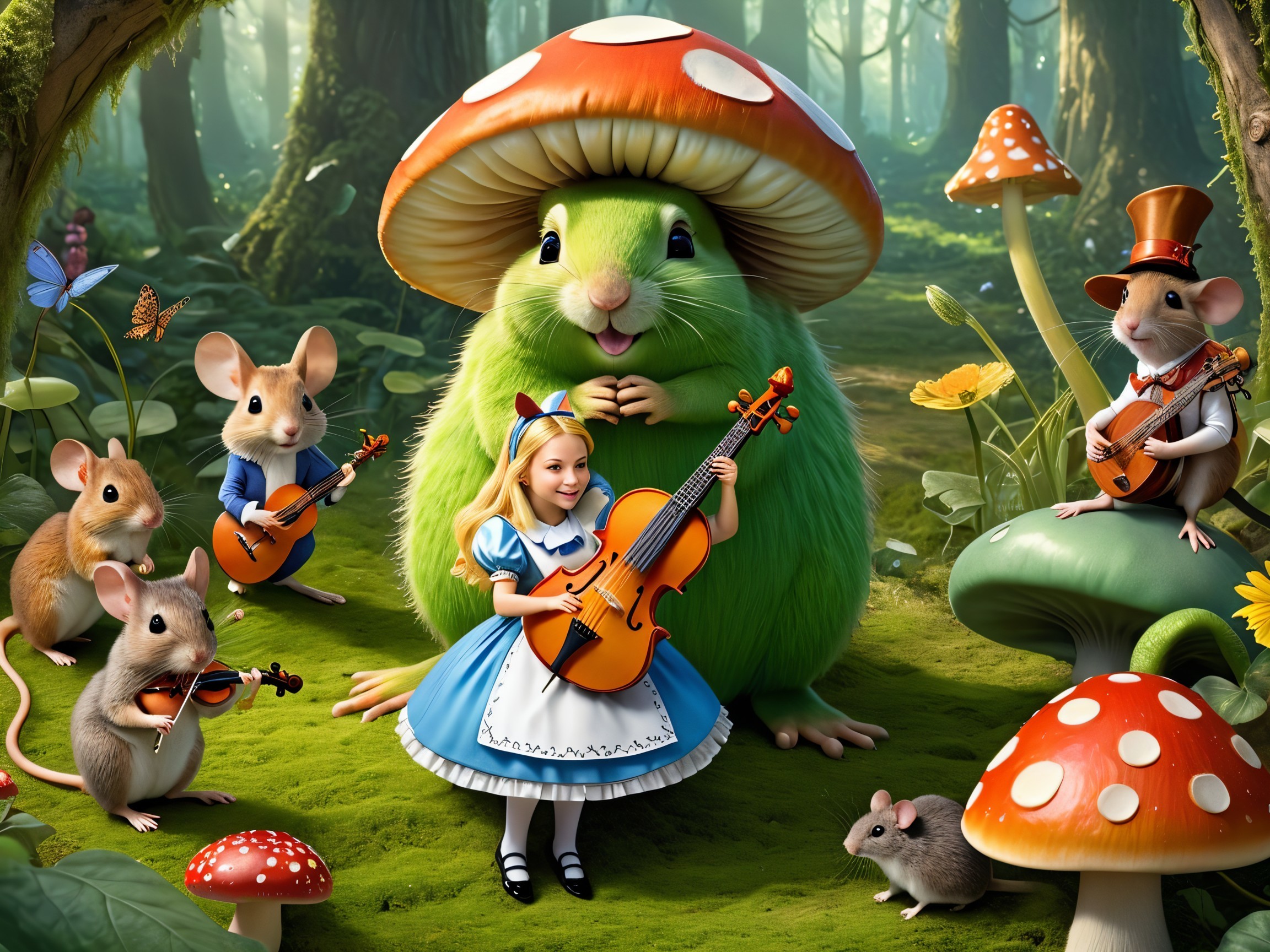 Whimsical Forest Scene with Girl and Musical Mice