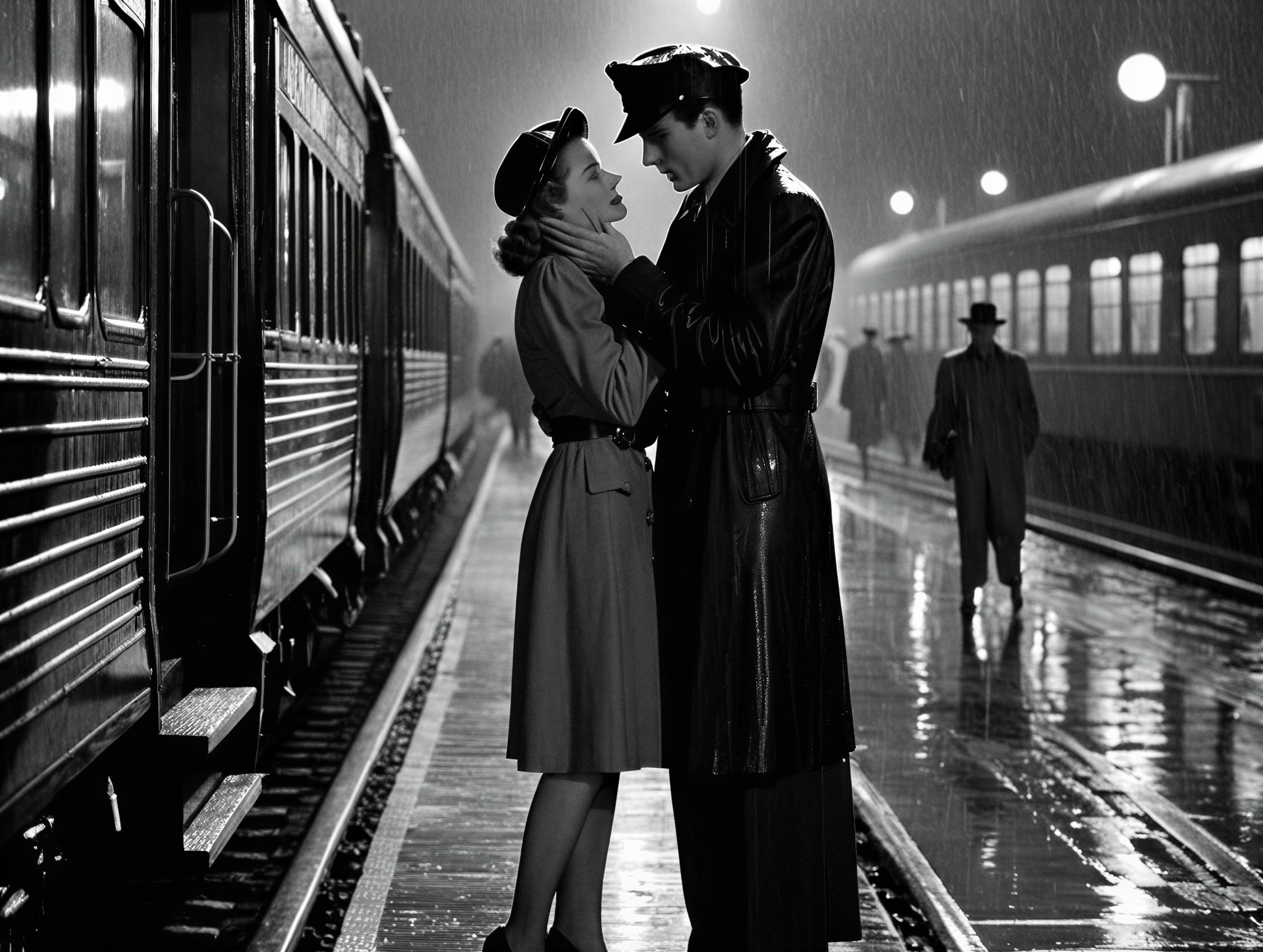 Dramatic Black and White Scene at Rainy Train Station
