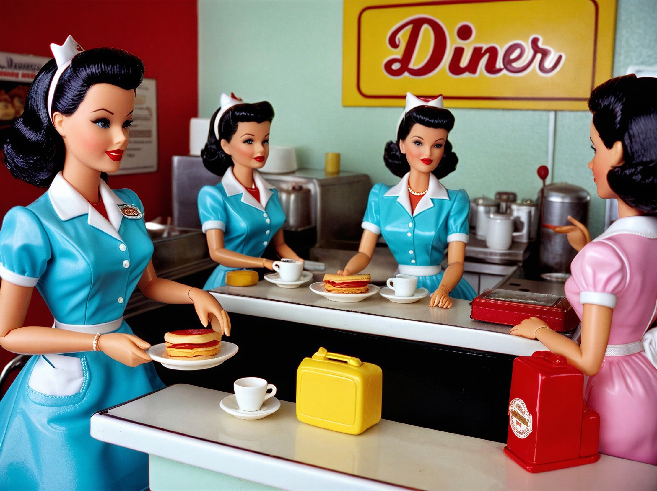 Retro Diner Scene with Stylish Dolls and Decor