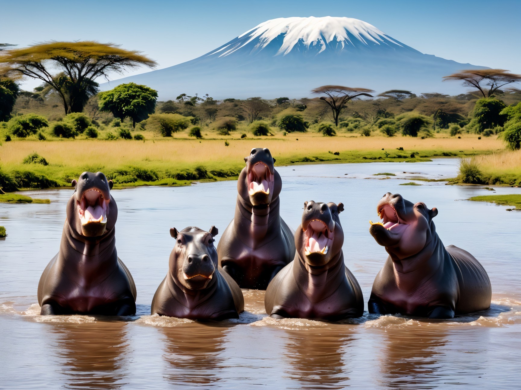 Five Hippos in River with Snow-Capped Mountain Background
