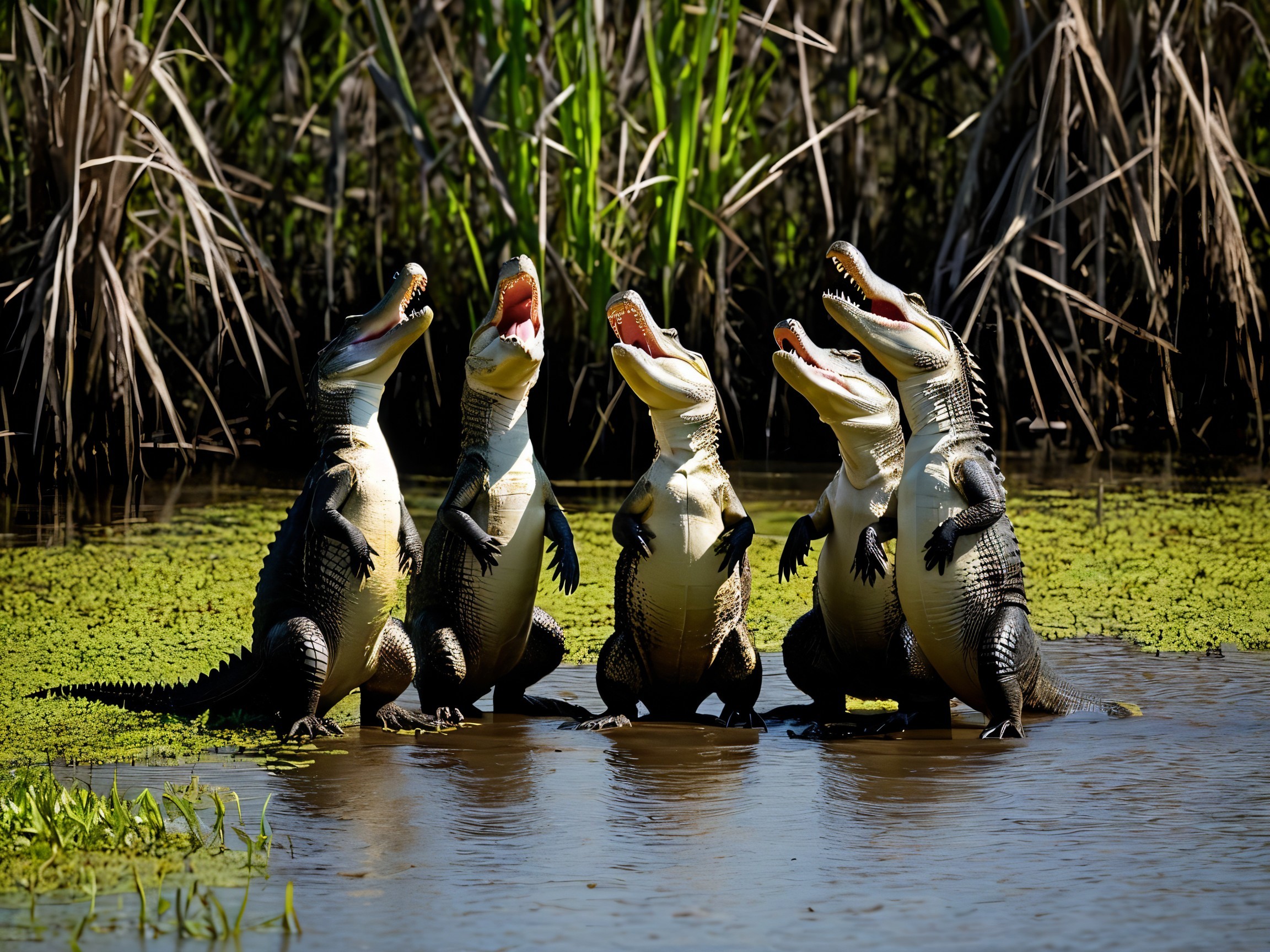 Crocodiles in Wetland Habitat with Natural Elements