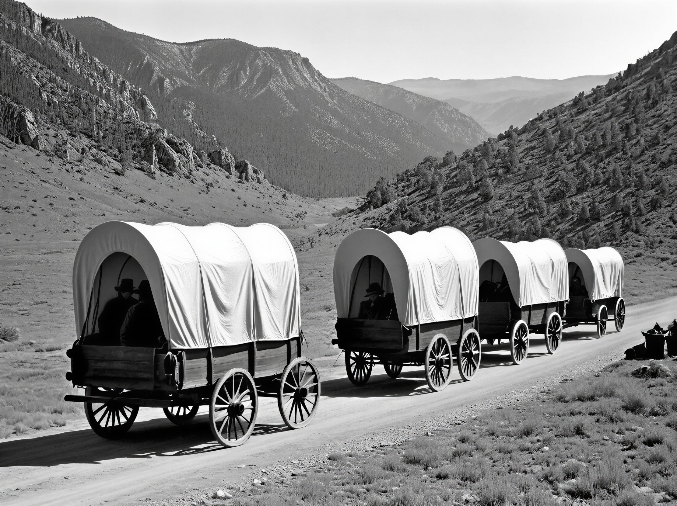 Vintage Covered Wagons on Dusty Road with Mountains
