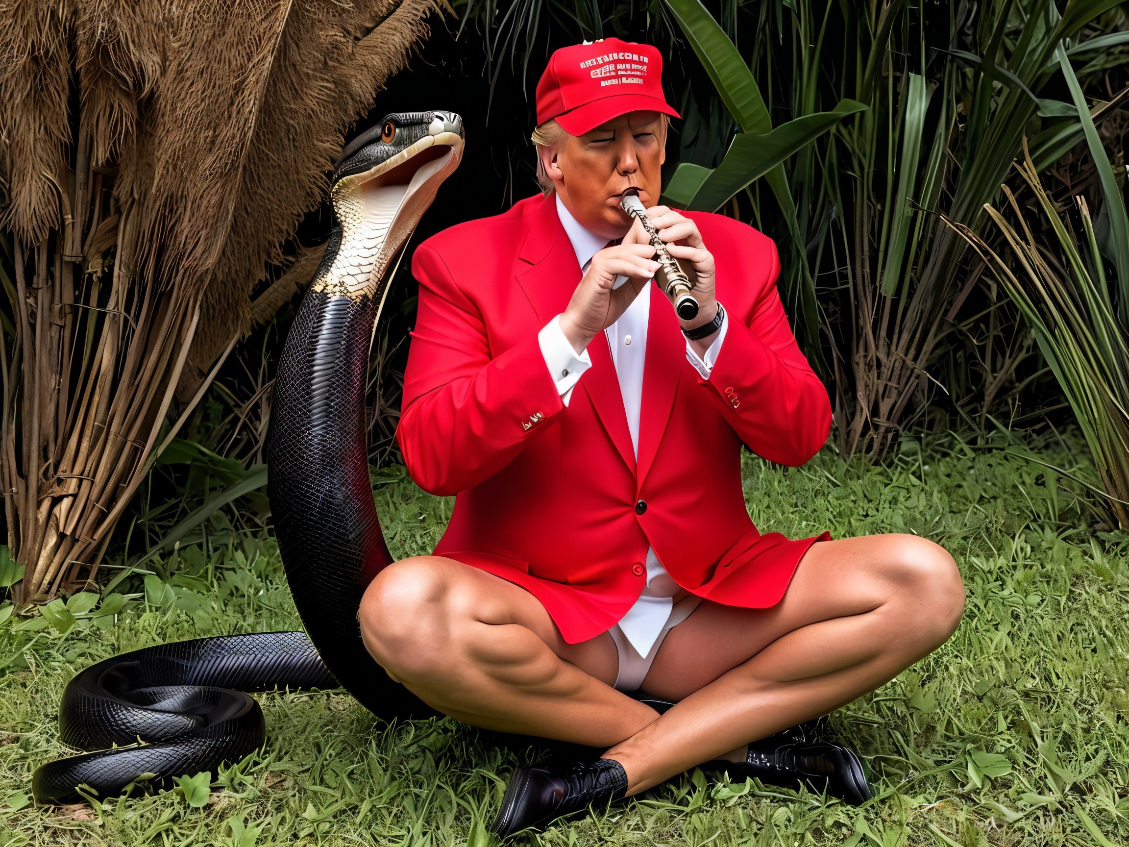 Man in Red Suit Playing Flute with Snake in Greenery