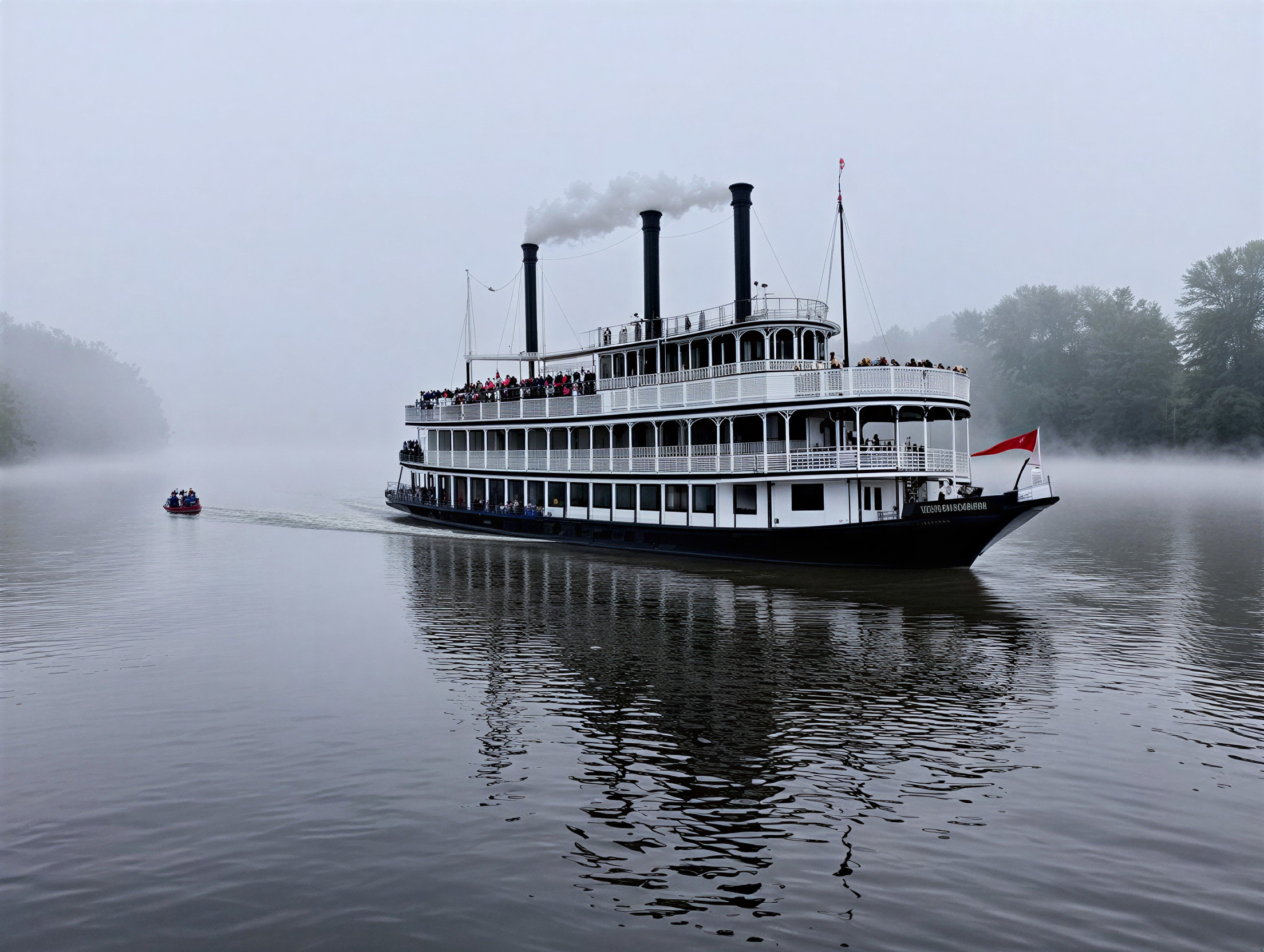 Steamboat on Misty River with Smokestacks and Passengers