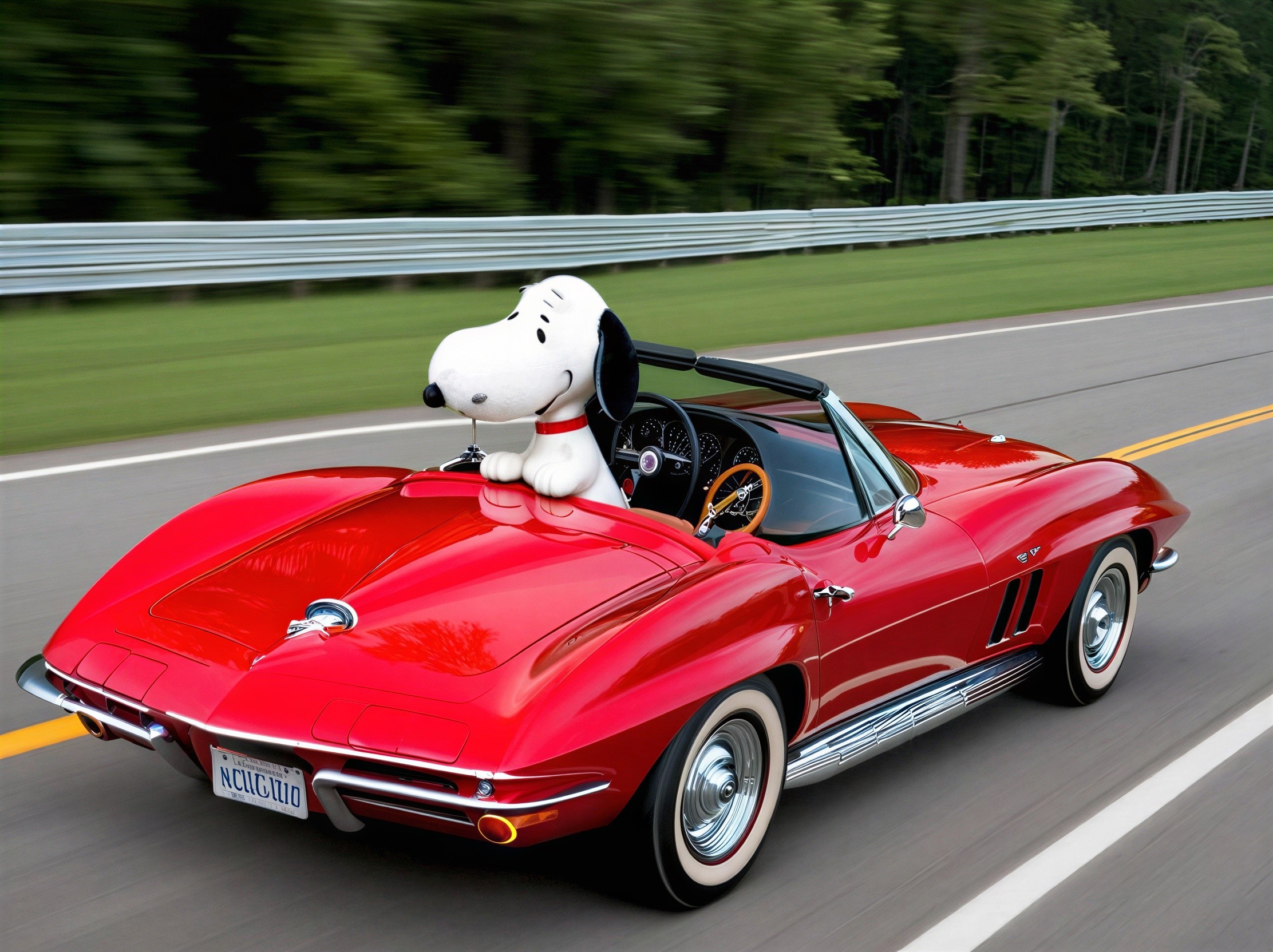 Snoopy in a Red Convertible on a Fast-Paced Road
