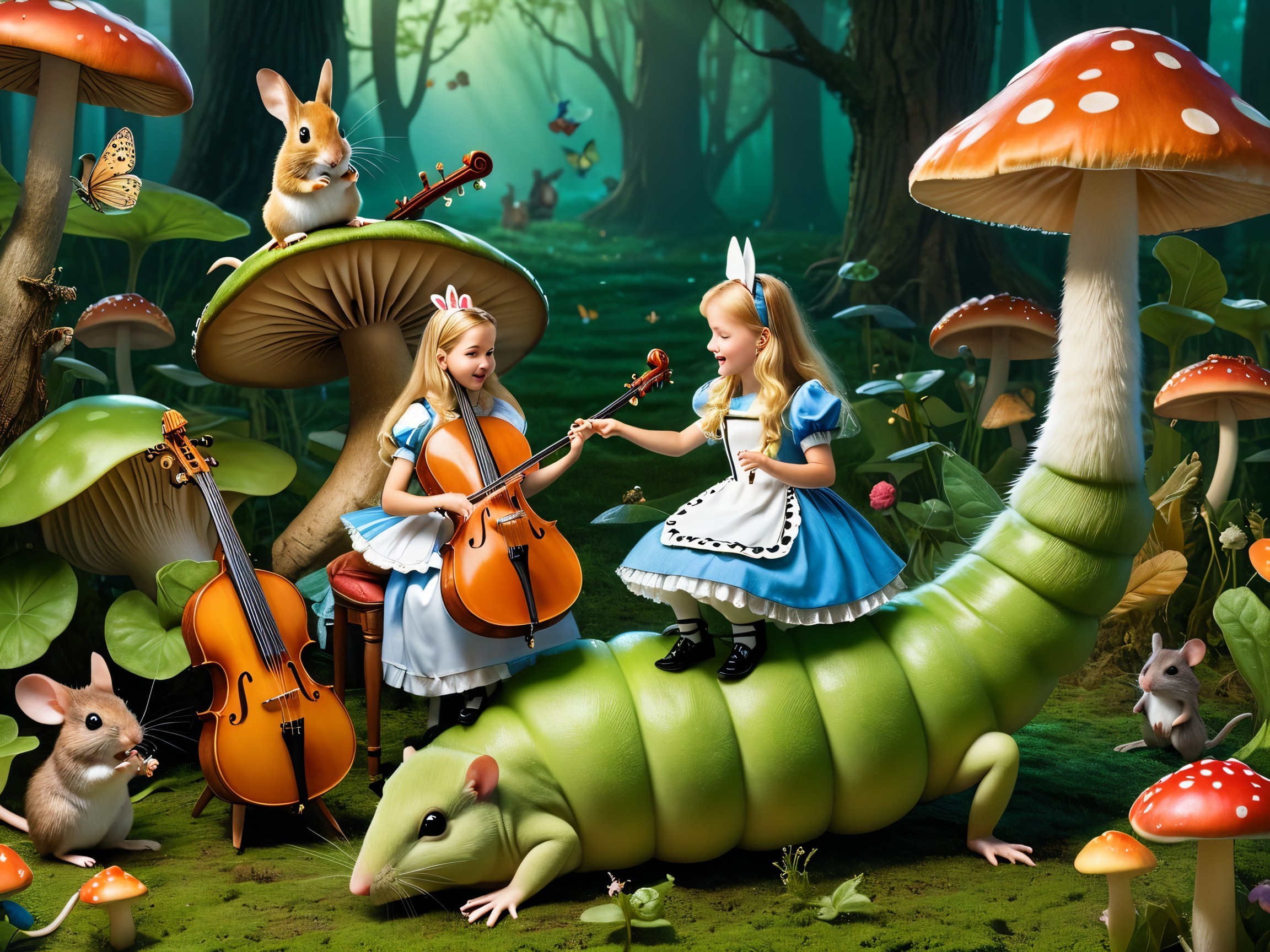 Whimsical Forest Scene with Girls Playing Music