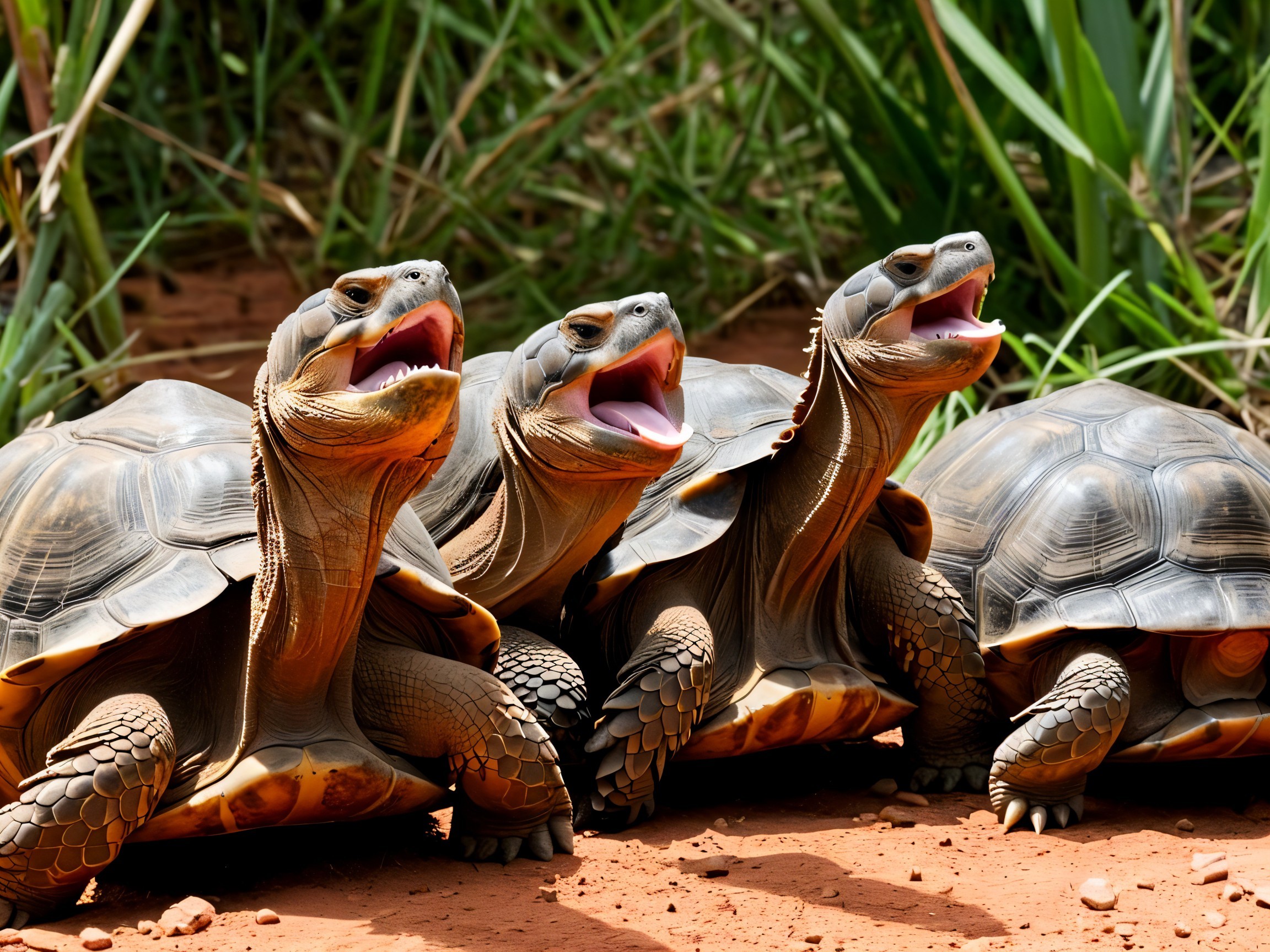 Tortoises Basking on Red Soil with Green Grass Backdrop