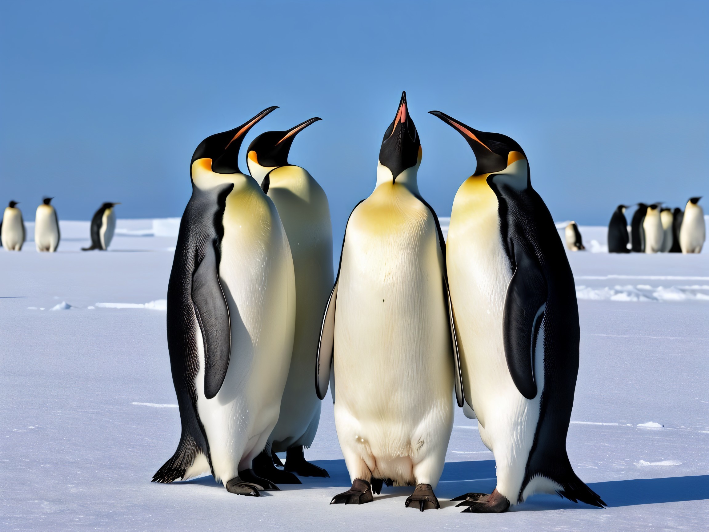 Emperor Penguins on Snowy Landscape Under Blue Sky