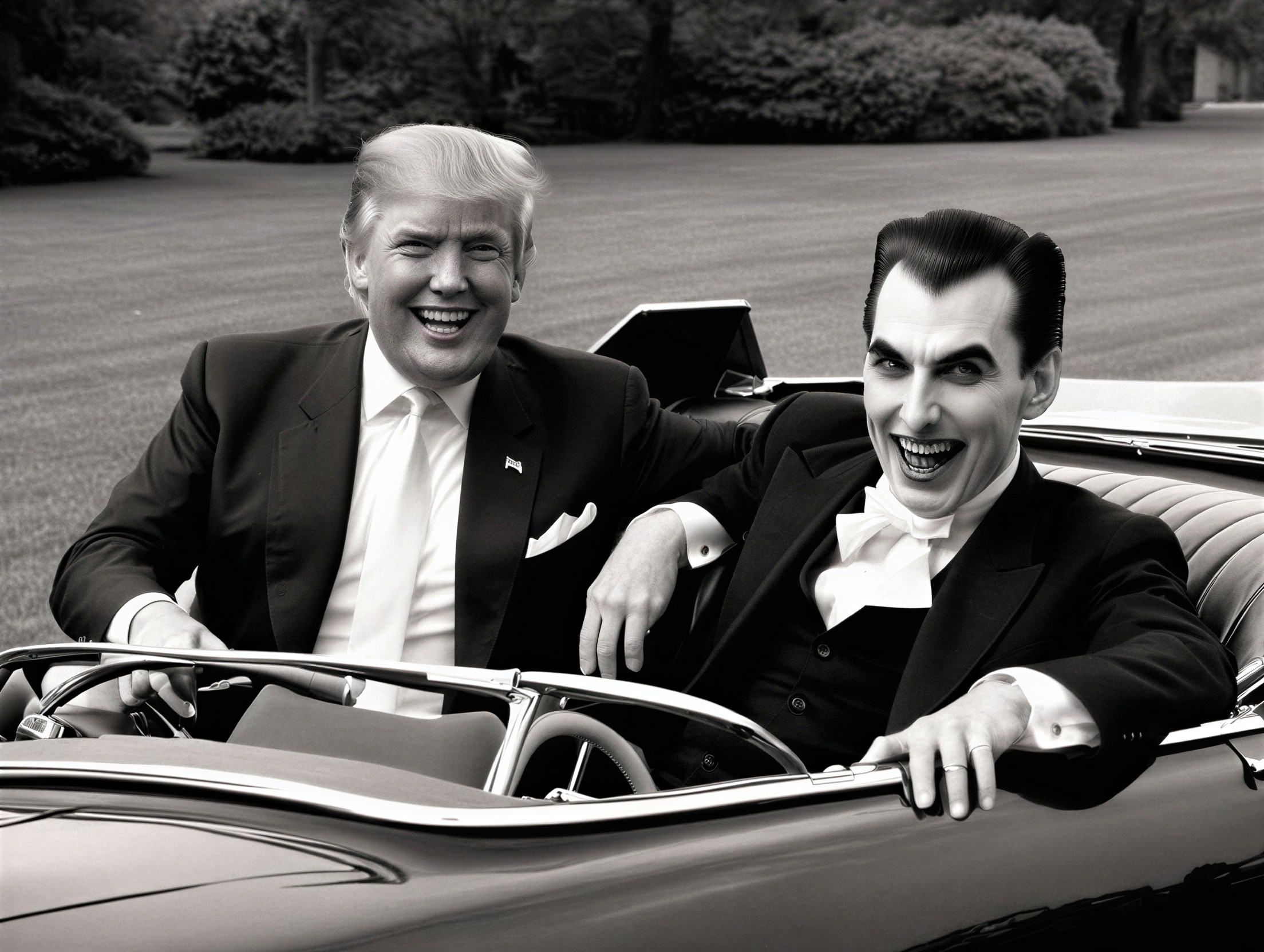 Black-and-white photo of two men in a convertible