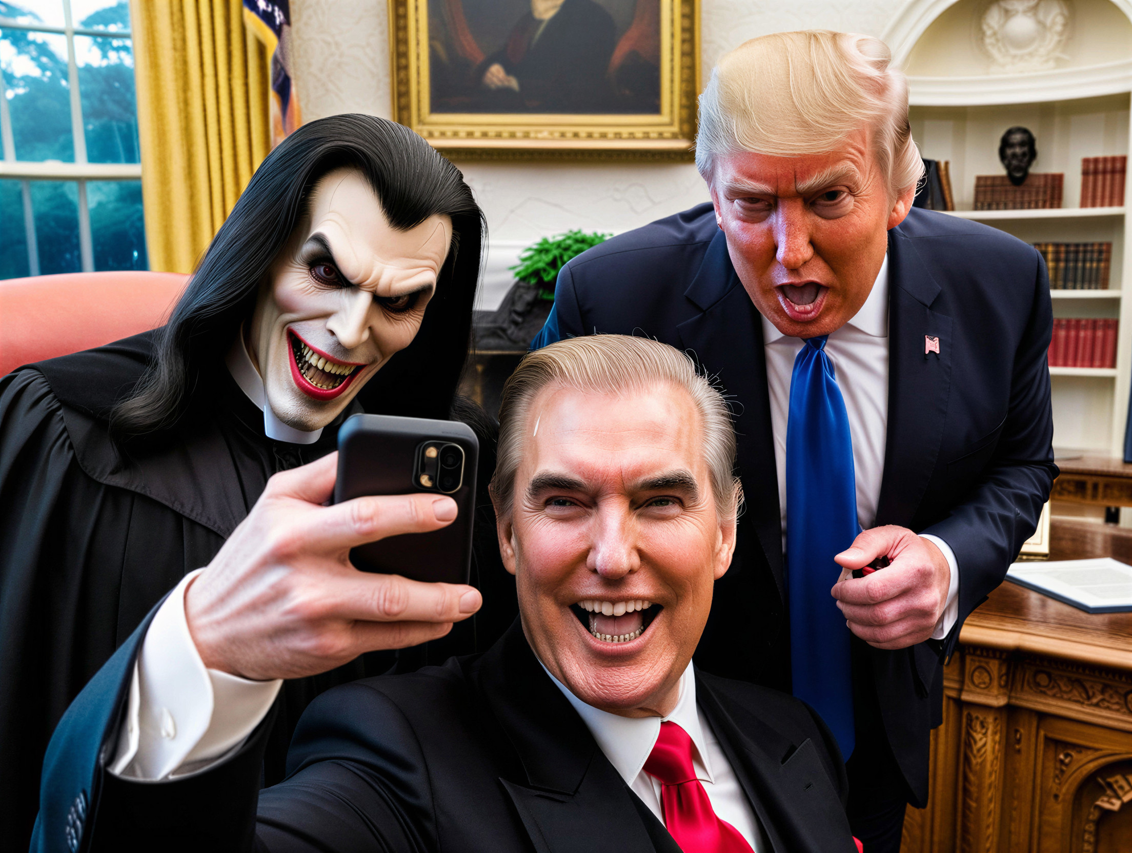 Sinister Figure Takes Selfie in Oval Office Setting