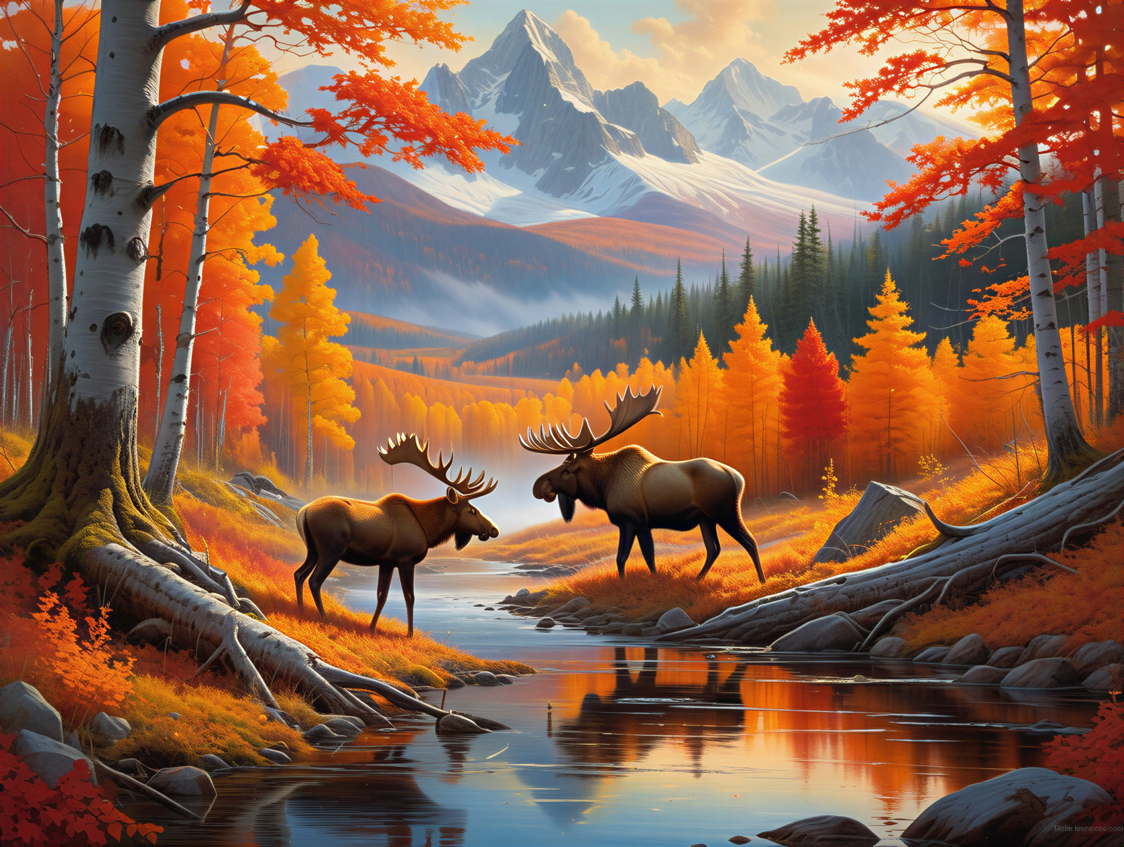 Autumn Landscape with Moose by a Serene Stream