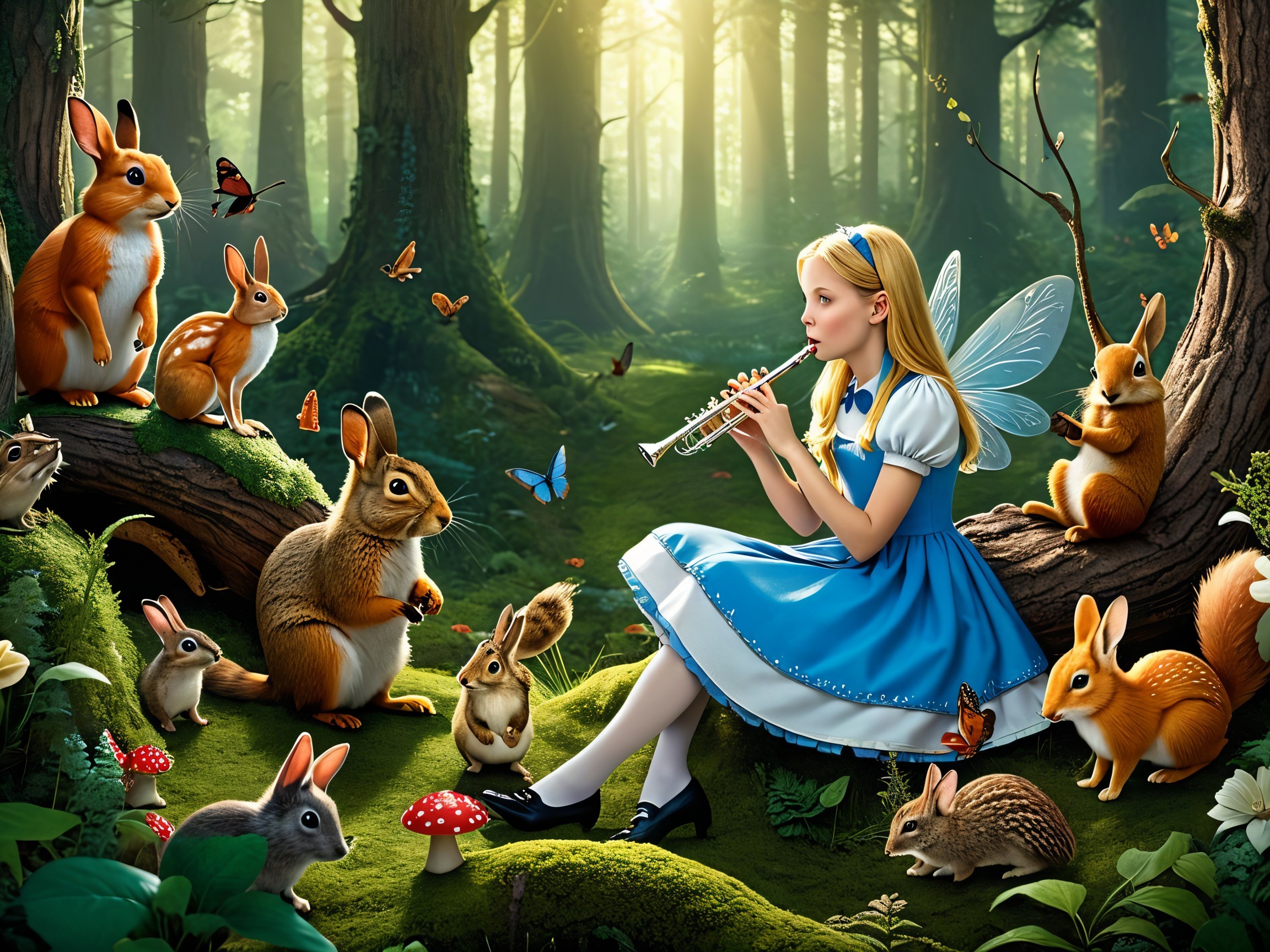 Young Girl Playing Flute in Enchanted Forest Setting