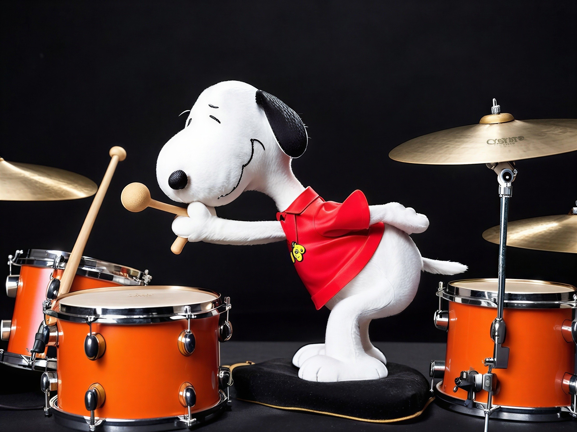 Stuffed plush Snoopy dog as a drummer with drums