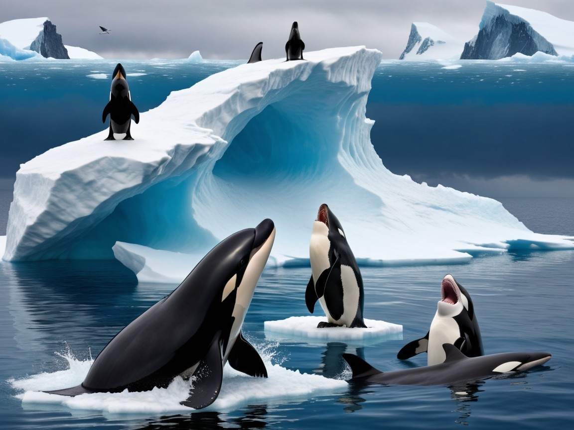 Orcas and Penguins in Arctic Ice Landscape