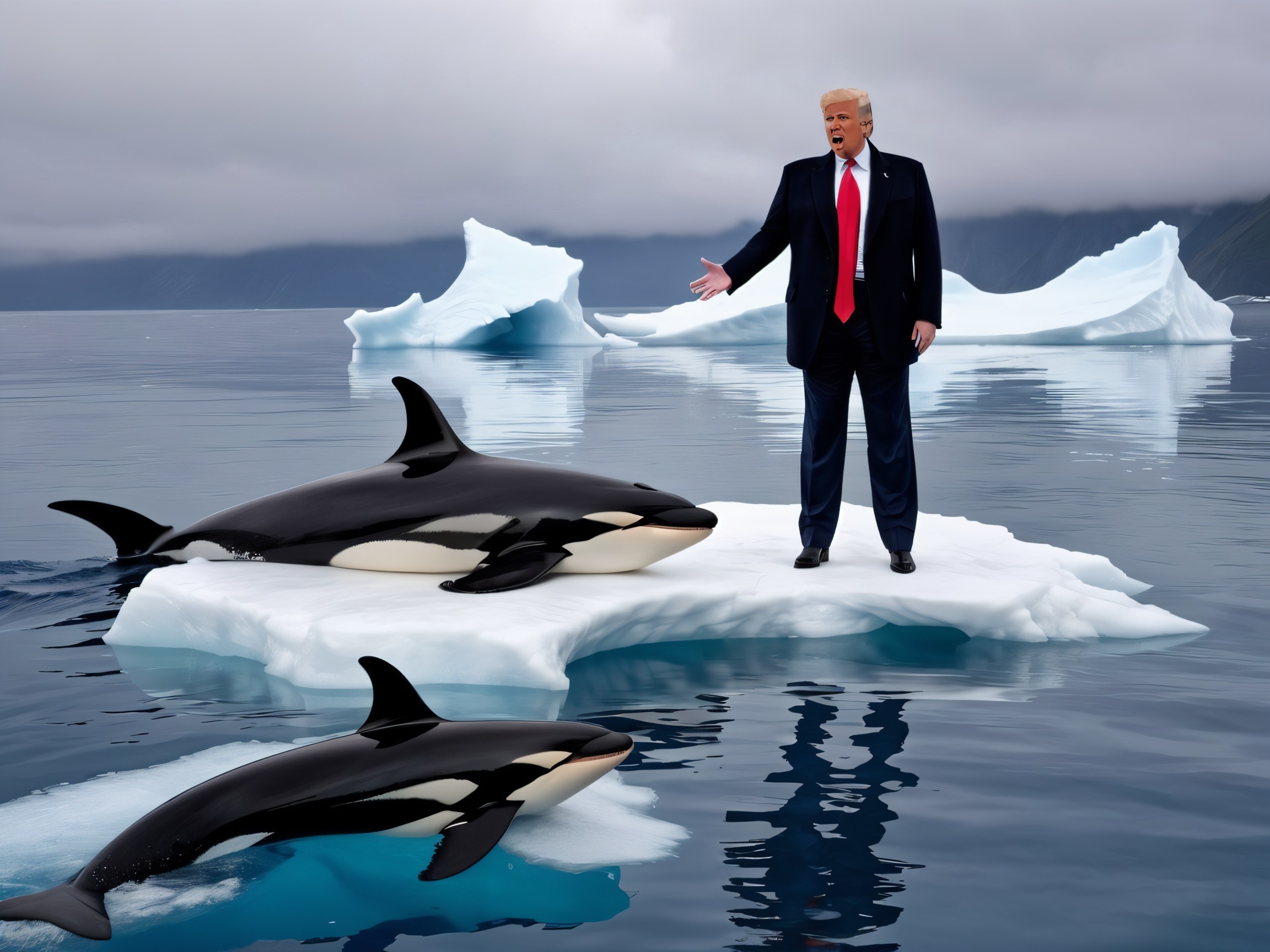 Surreal Scene of Ice Floe with Orcas and Man in Suit
