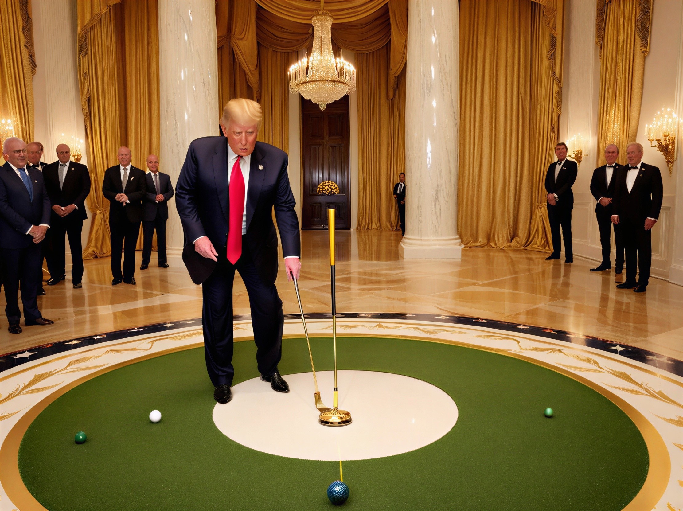 Man in Suit Puts Golf Ball in Lavishly Decorated Room
