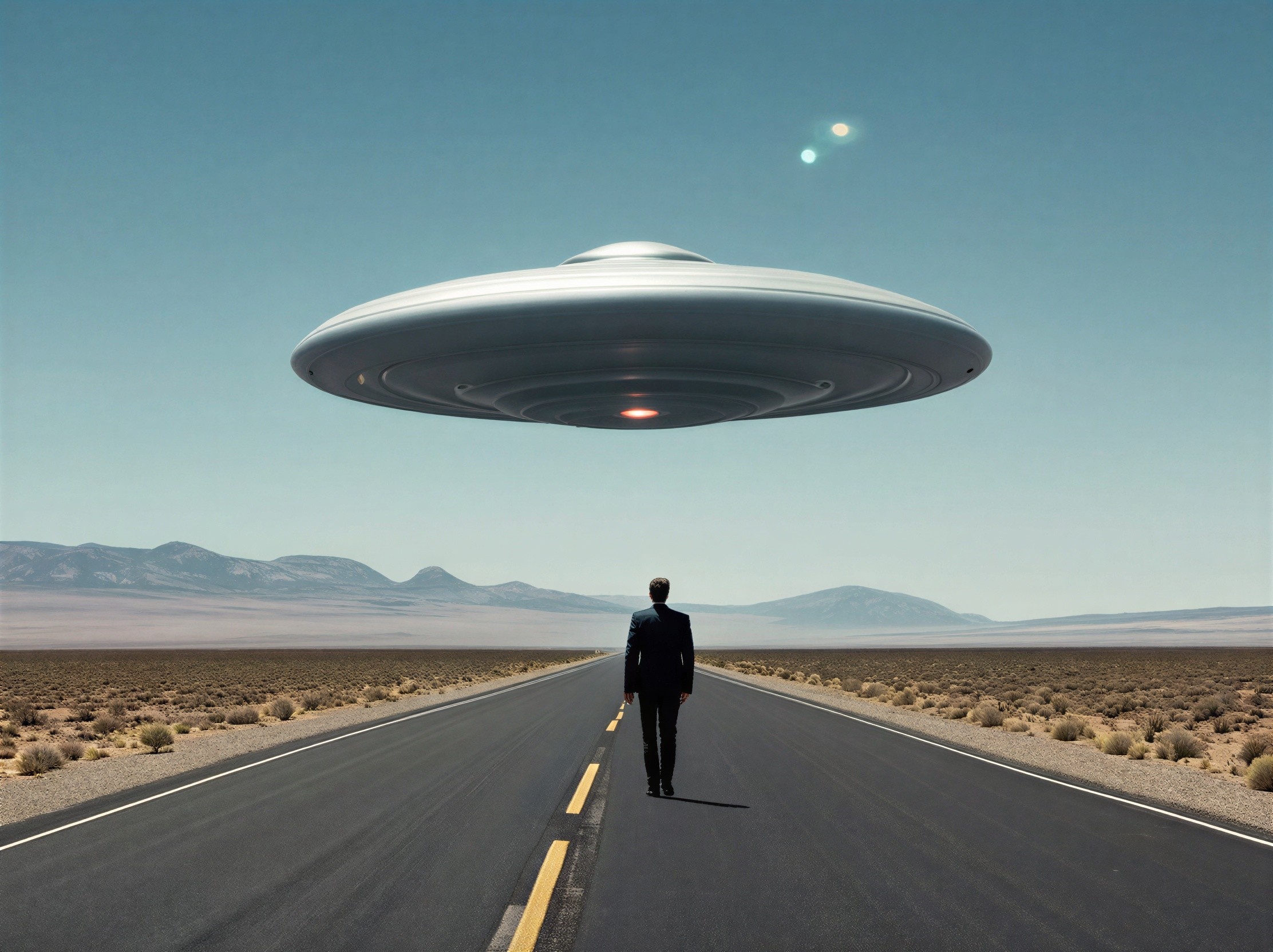 Man in Suit Walking Towards Silver UFO in Desert