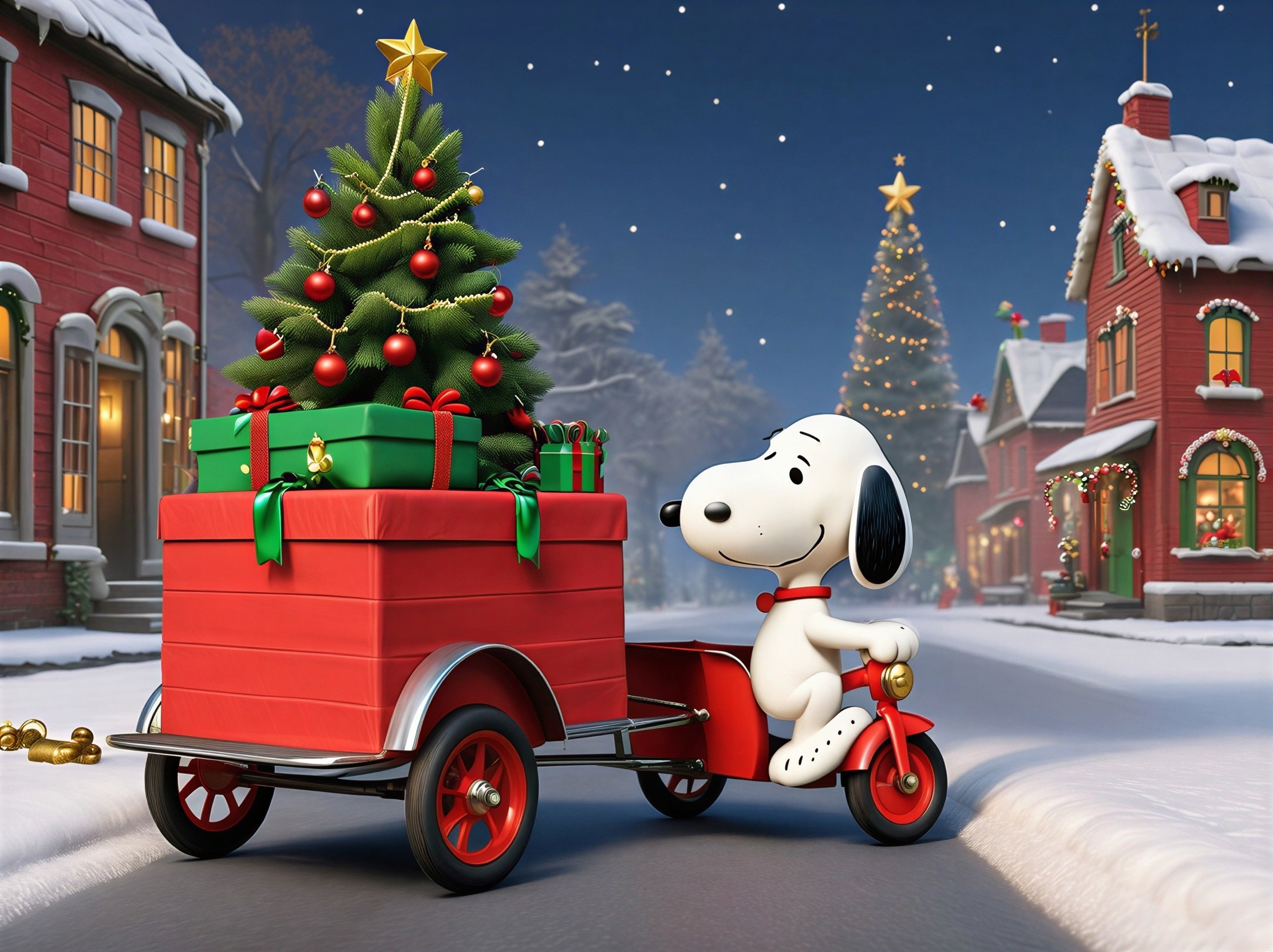 Snoopy on Tricycle with Christmas Tree and Presents