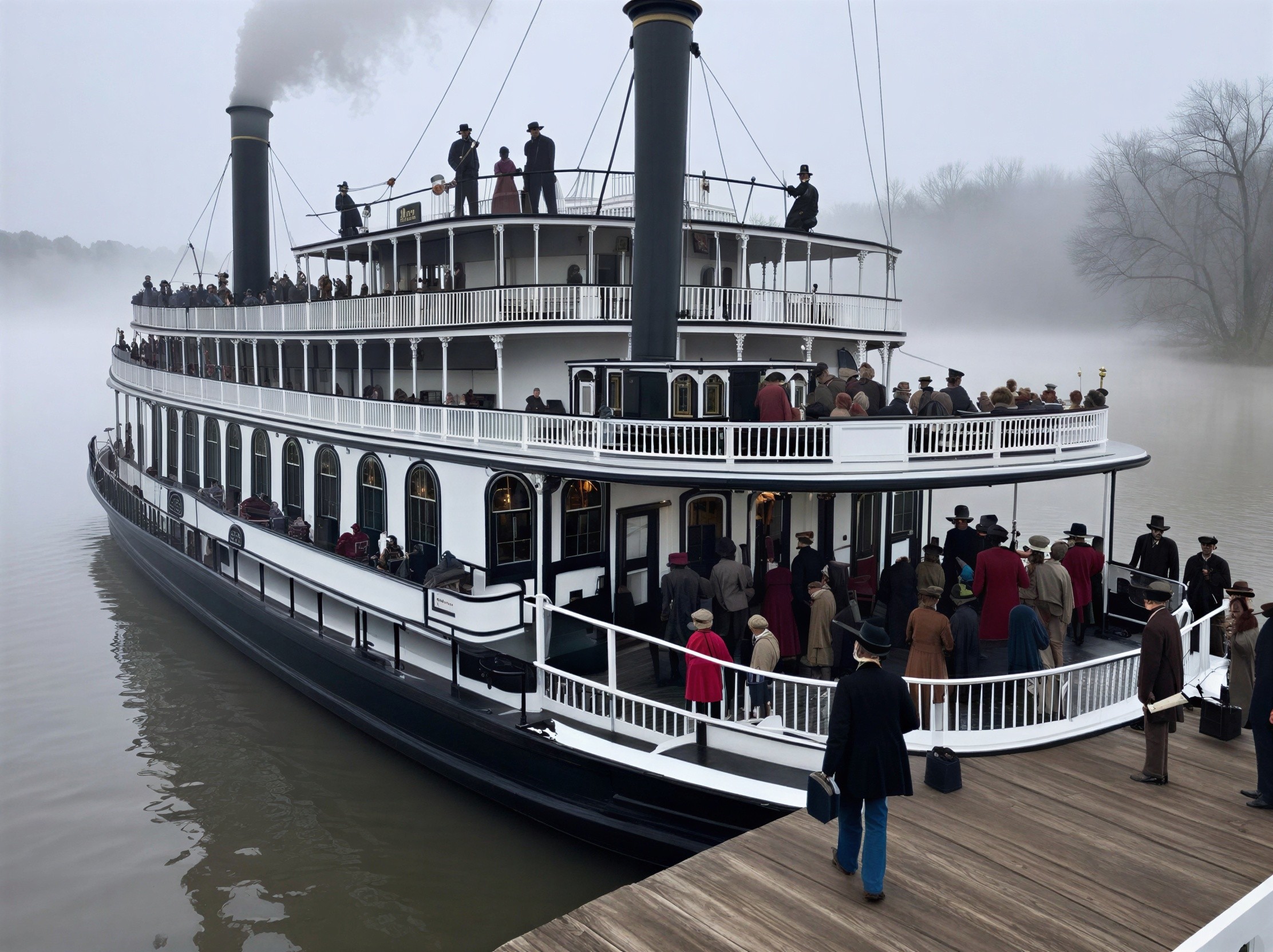 Majestic Steamboat at Misty Riverside with Crowd