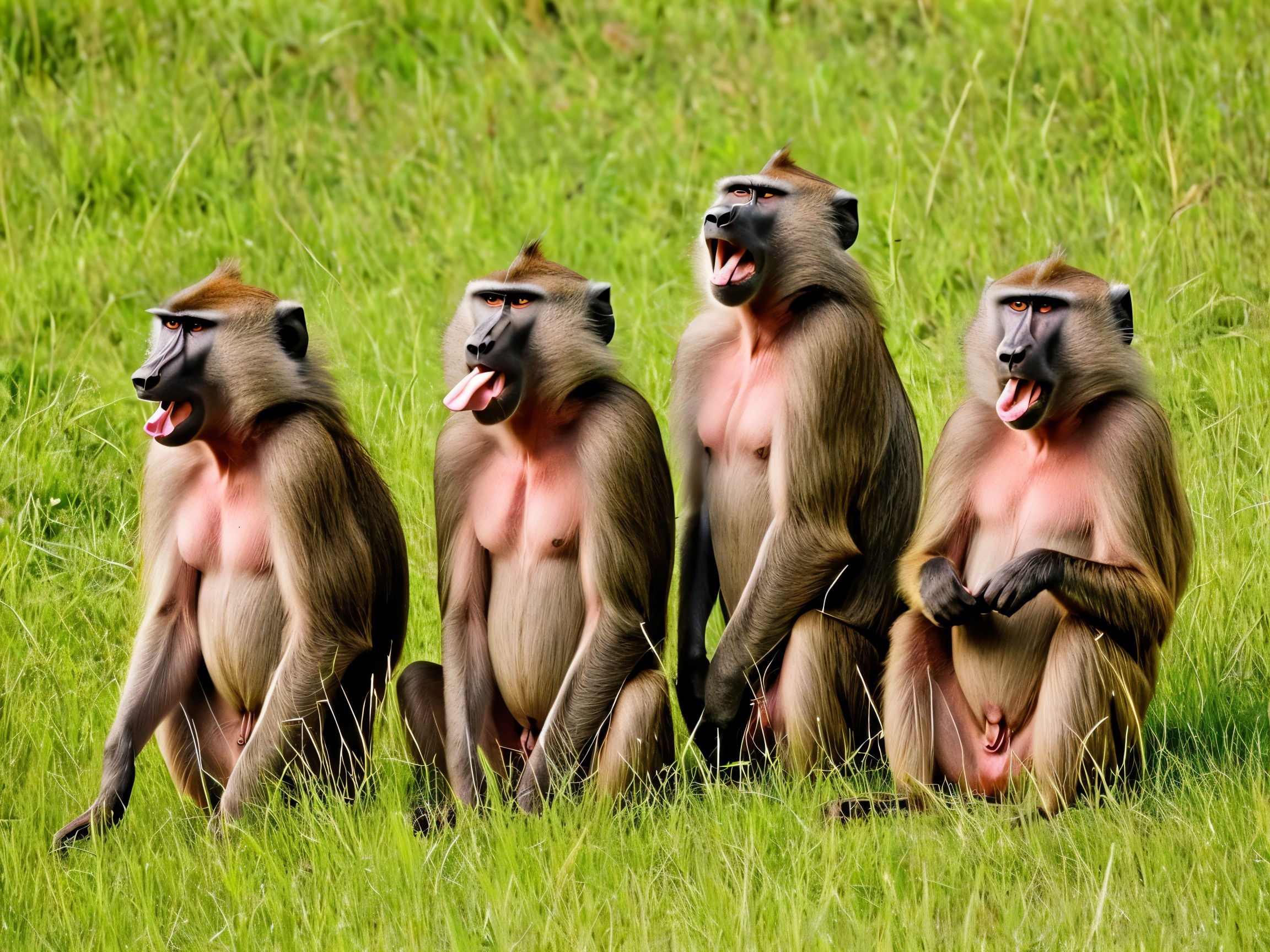 Group of Four Playful Baboons in Grassy Area