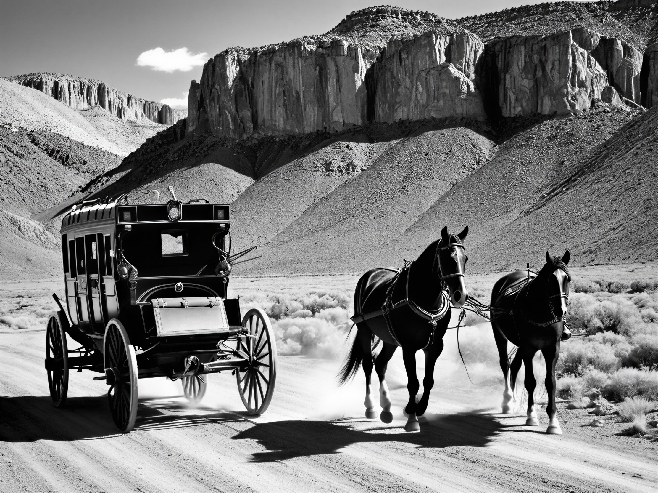 Vintage Horse-Drawn Carriage in Black-and-White Landscape