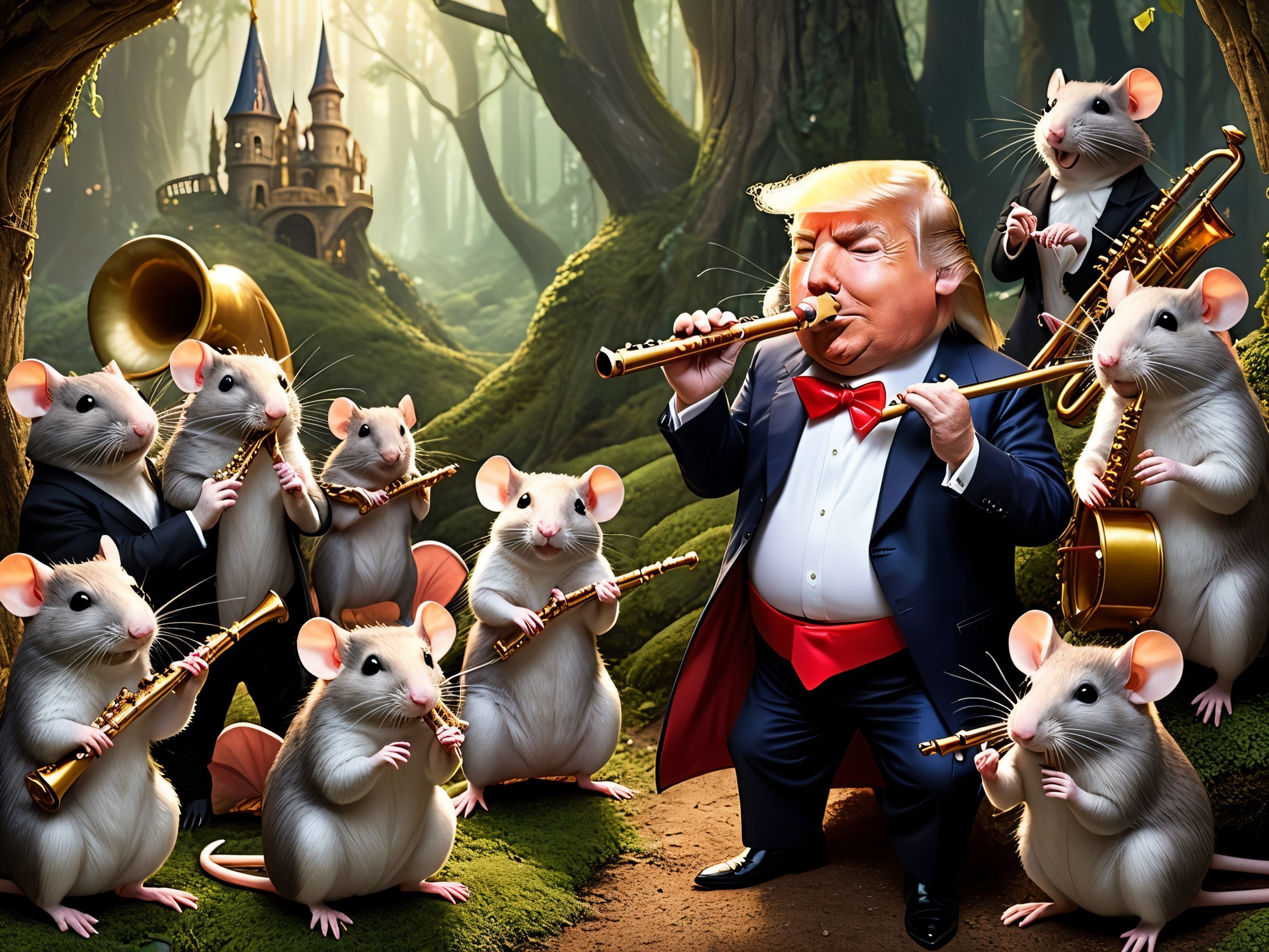 Whimsical Forest Scene with Musical Mice and Castle
