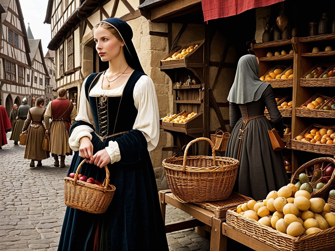 Medieval Marketplace with Women and Fresh Produce
