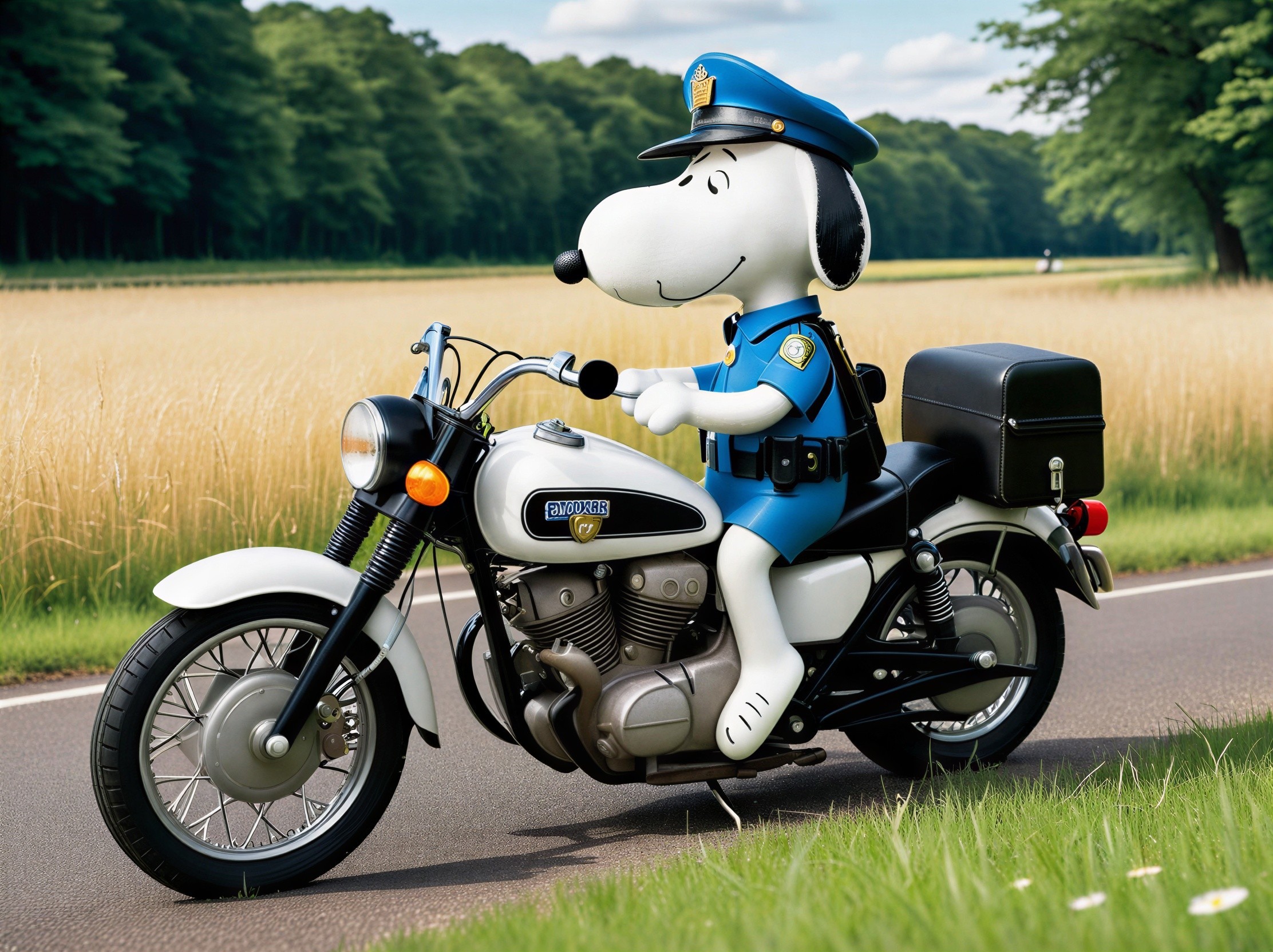 Cartoon Dog Police Officer on Motorcycle in Rural Setting