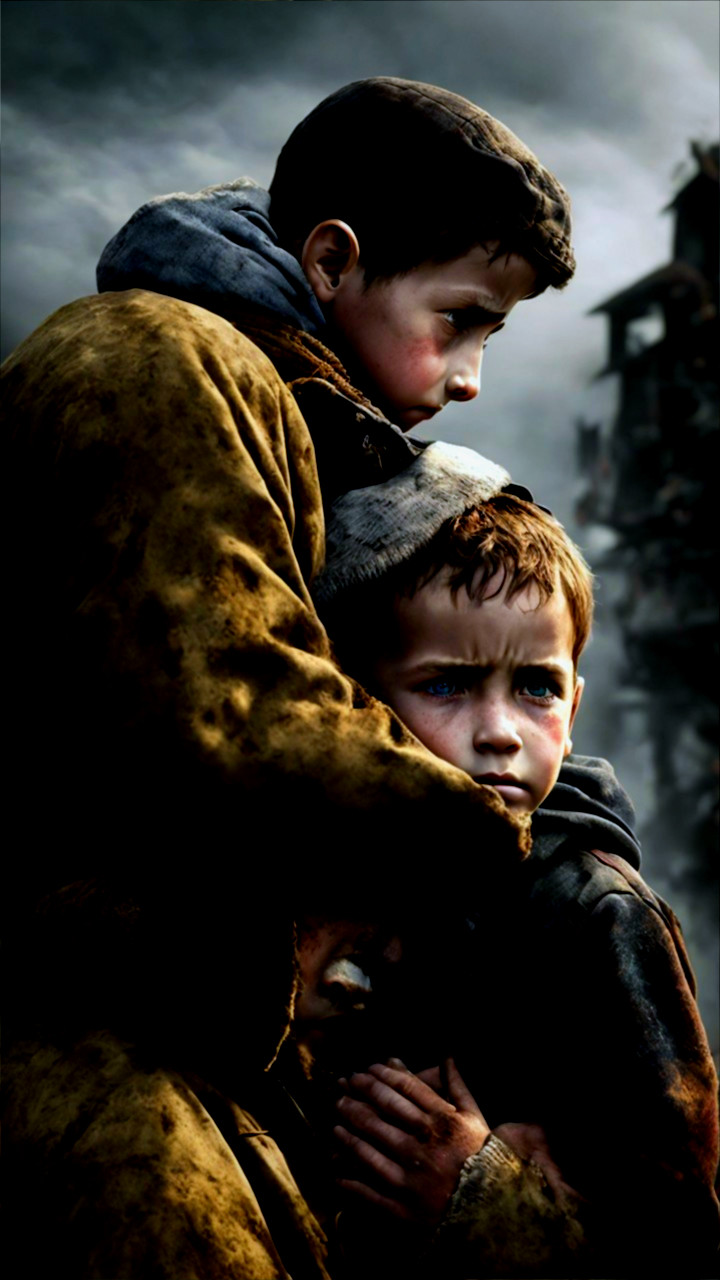 Boys in a Desolate Landscape Reflecting Fear and Resilience