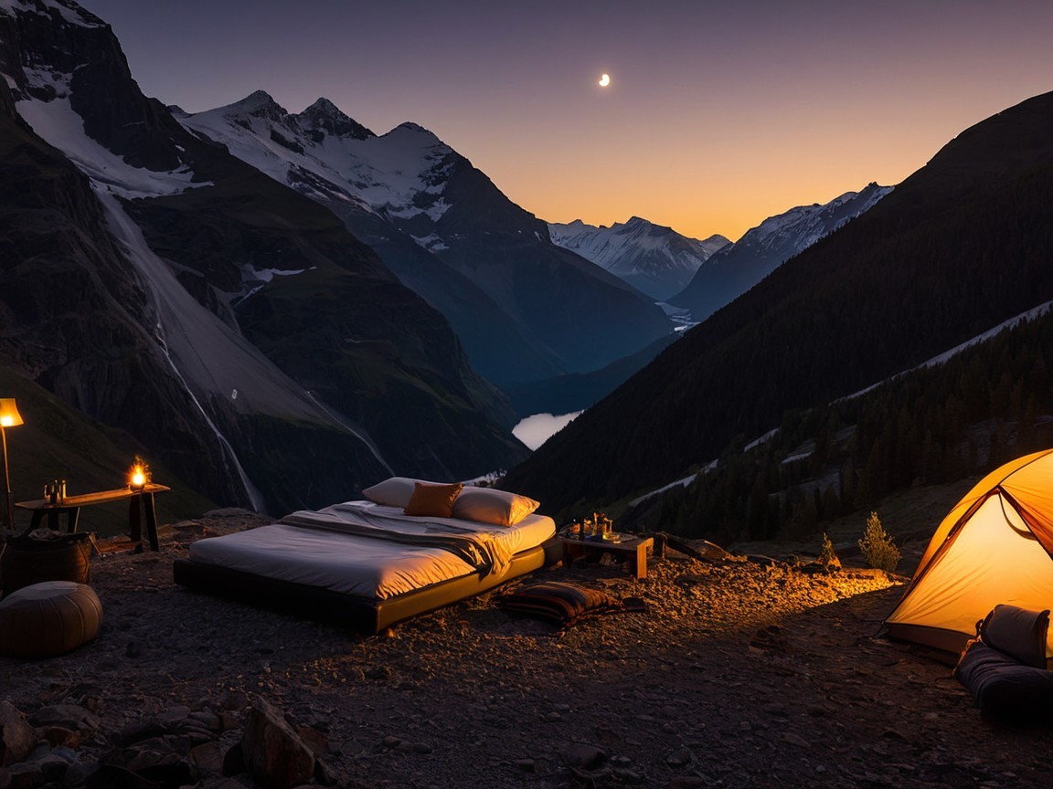 Serene Mountain Campsite at Twilight with Cozy Bed