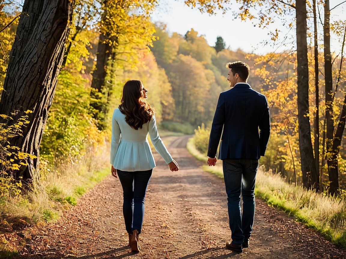 Couple Walking on Scenic Autumn Path with Foliage