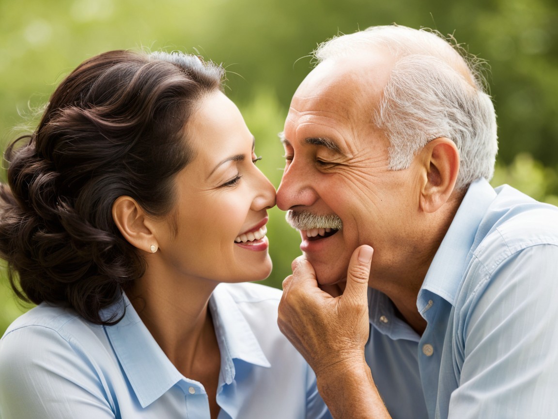 Joyful moment of affection between older couple outdoors