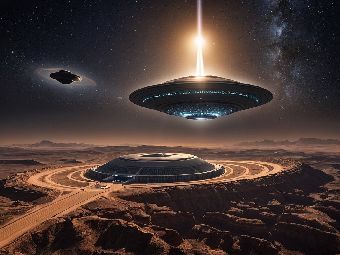 Futuristic Landscape with Spacecraft and Starry Sky