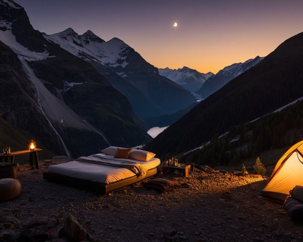 Serene Mountain Campsite at Twilight with Cozy Bed