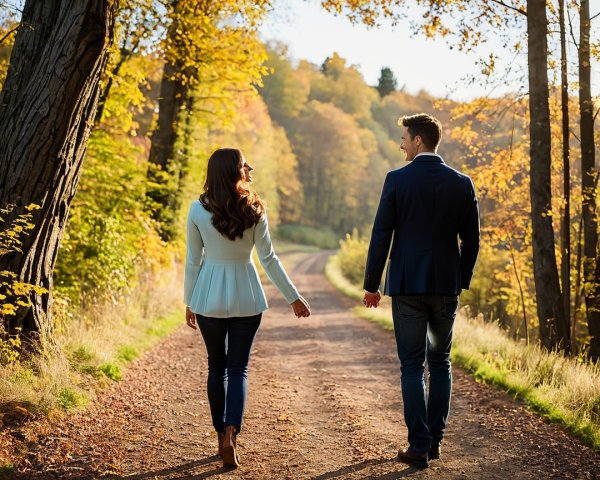 Couple Walking on Scenic Autumn Path with Foliage