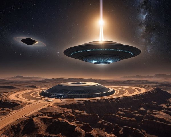 Futuristic Landscape with Spacecraft and Starry Sky
