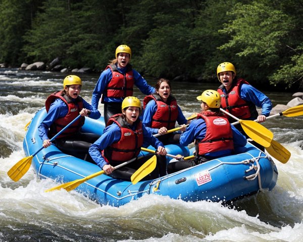 Adventurers Rafting Through Rapids in Bright Gear