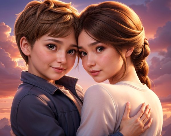 Animated Characters Sharing a Warm Gaze at Sunset