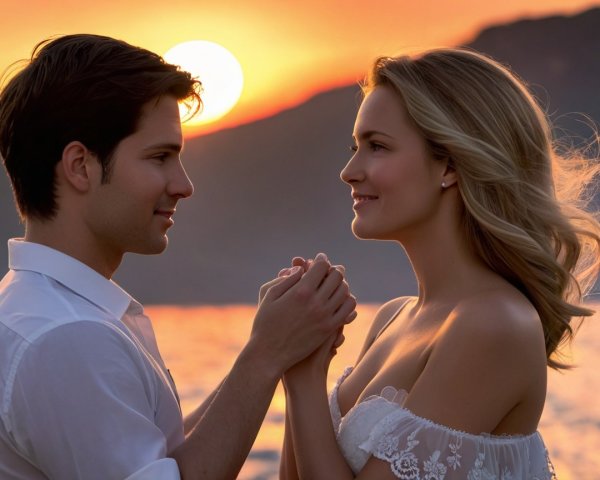 Romantic Sunset Scene with Couple and Scenic Backdrop